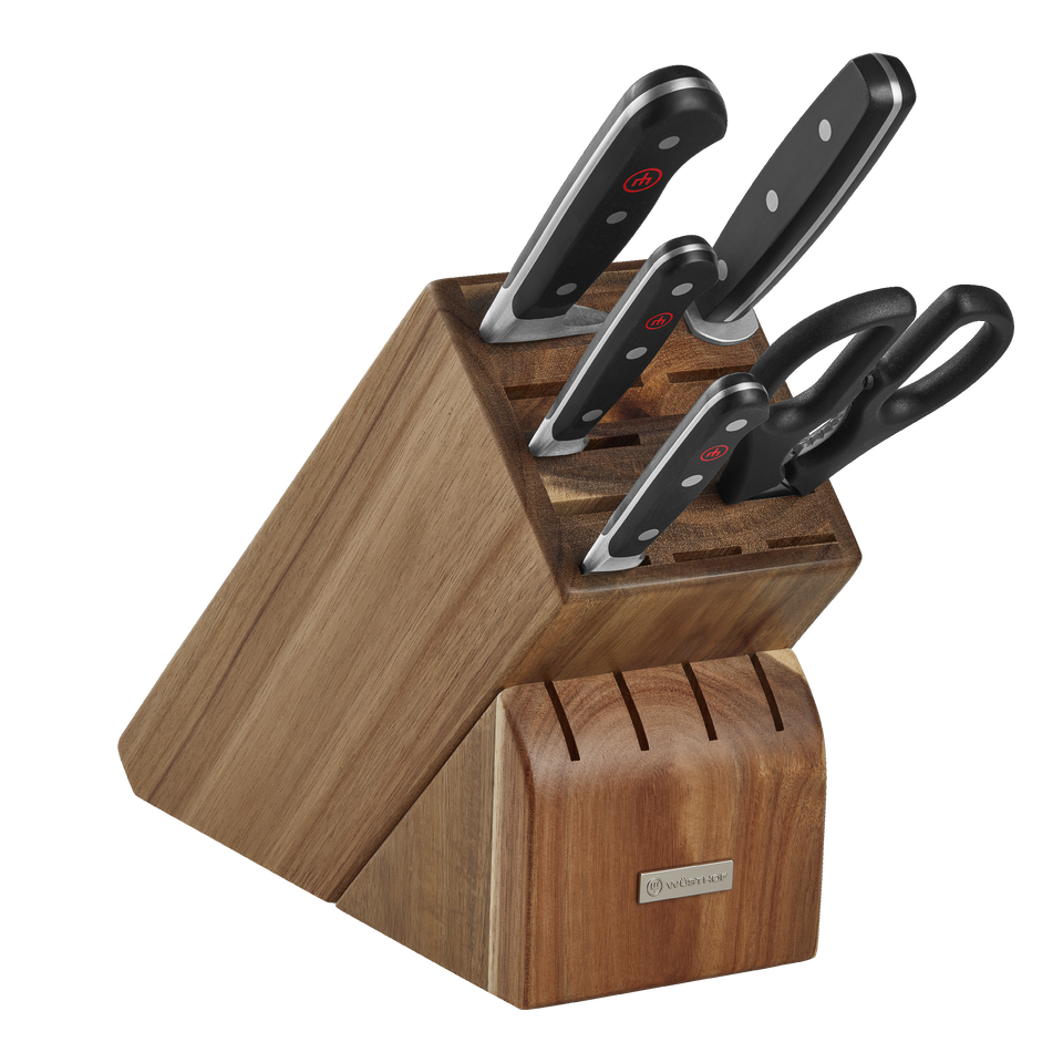 Classic 6-Piece Starter Knife Block Set with ergonomic black handles, full tang blades, and a sturdy wooden block featuring an integrated sharpener.