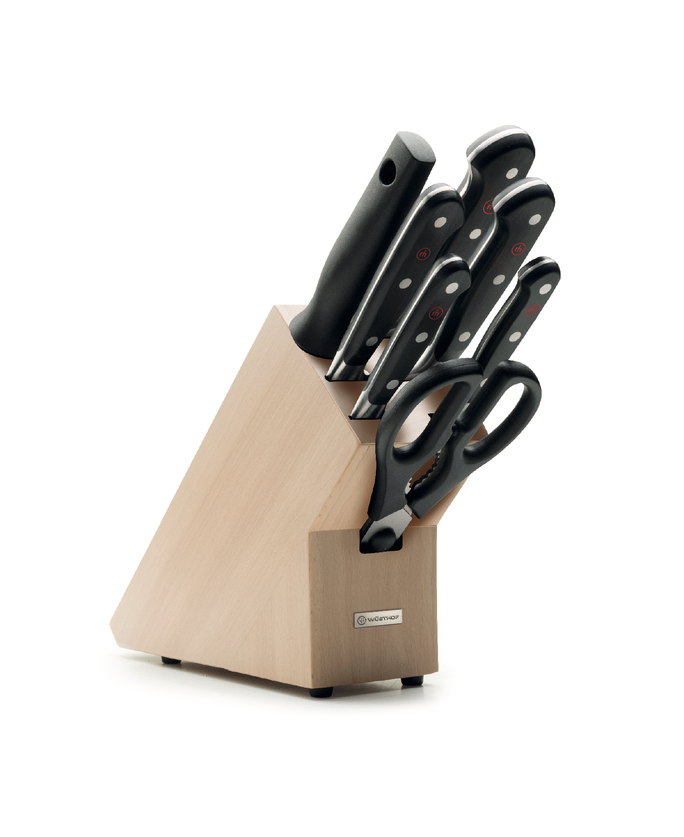 Classic 8-Piece Knife Block Set featuring forged German knives with triple-riveted black handles and a natural wood block for organized kitchen use.