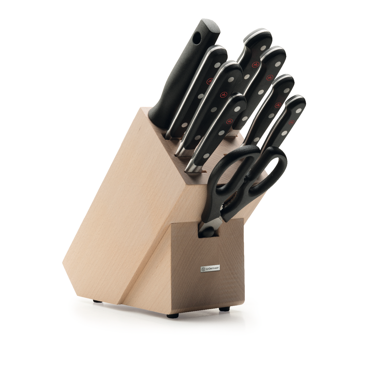 Classic 10-Piece Knife Block Set featuring a natural wood holder with ergonomic black-handled forged kitchen knives and kitchen scissors.