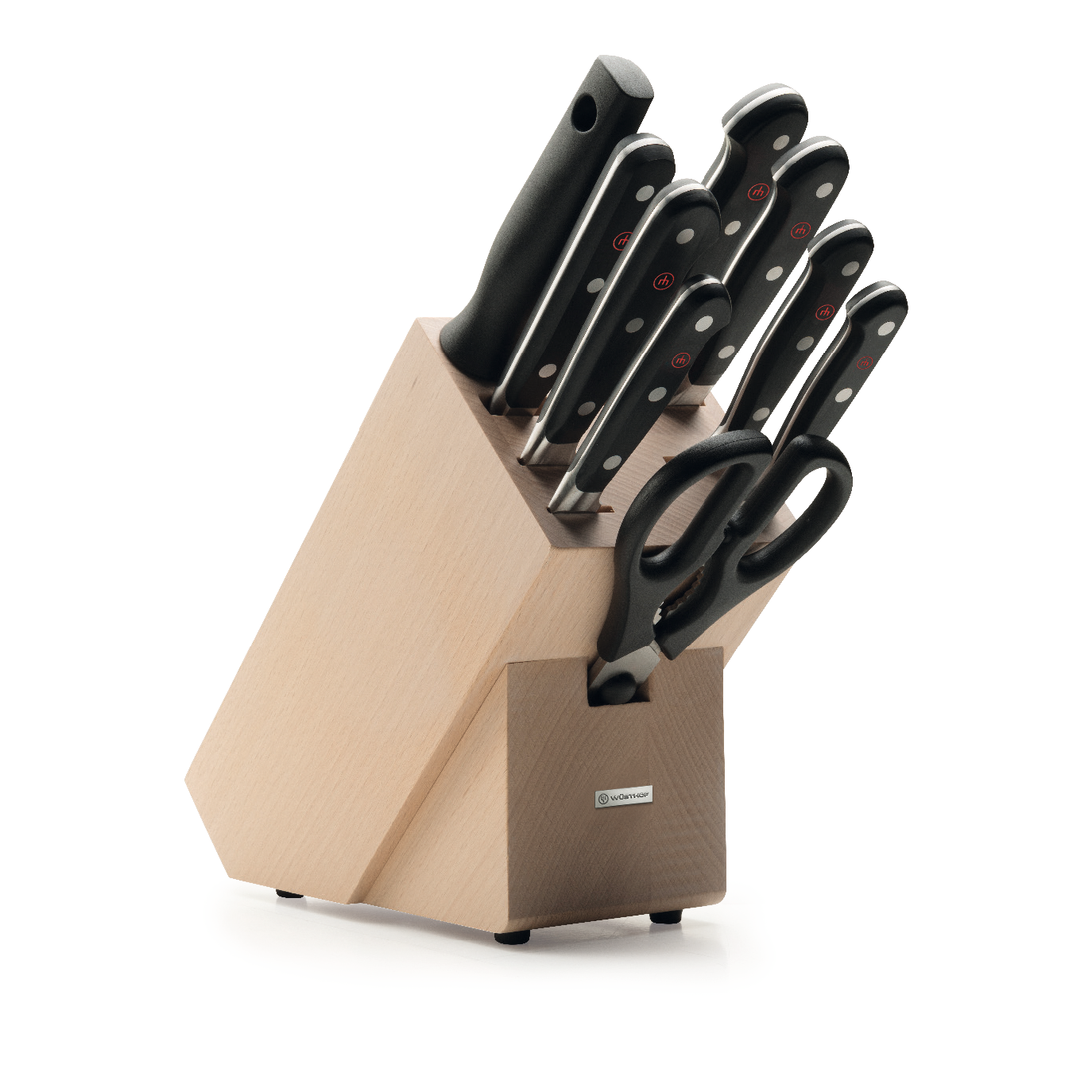 Classic 10-Piece Knife Block Set featuring a natural wood holder with ergonomic black-handled forged kitchen knives and kitchen scissors.