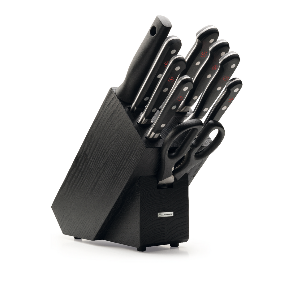 Classic 10-Piece Knife Block Set featuring a black wooden block with forged German kitchen knives and a pair of kitchen scissors, all with ergonomic handles.