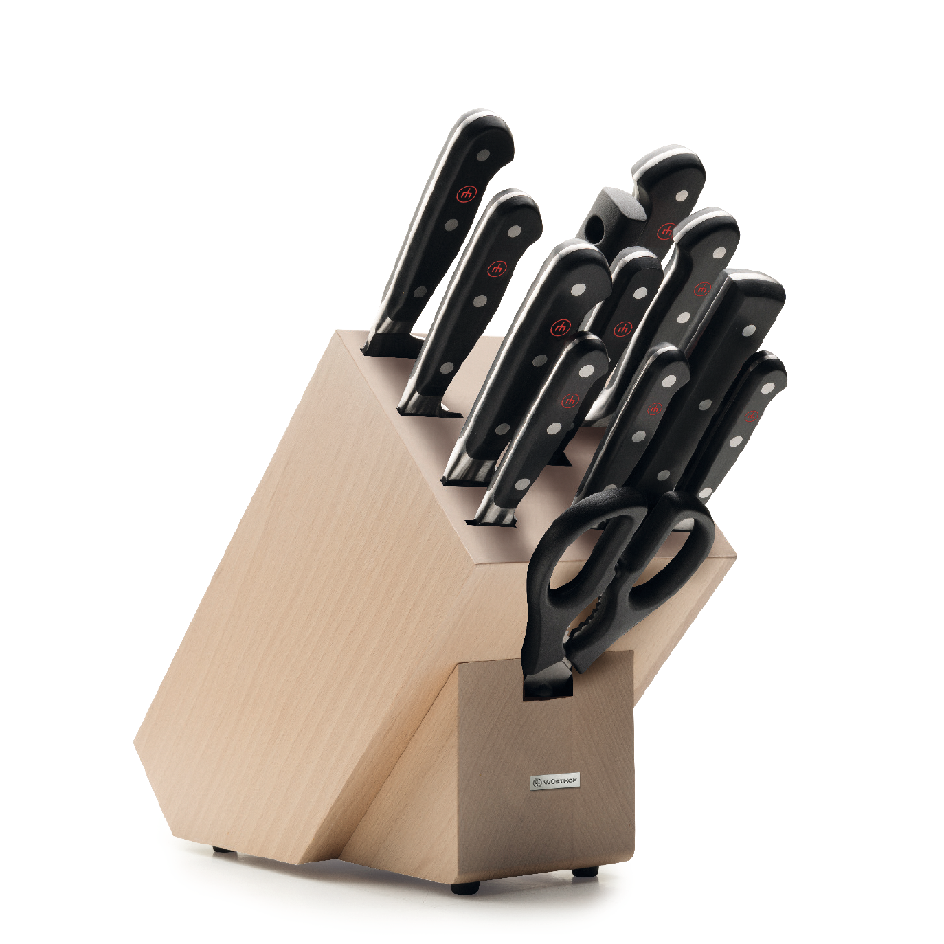 Classic 13-Piece Knife Block Set featuring a light wood block with forged German kitchen knives, ergonomic black handles, and included kitchen scissors.