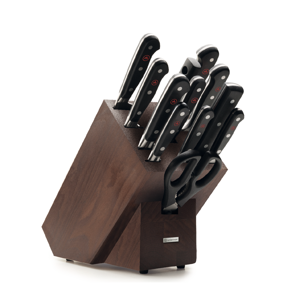 Classic 13-Piece Knife Block Set with sharp forged German kitchen knives featuring black ergonomic handles and a dark wooden block including kitchen scissors.