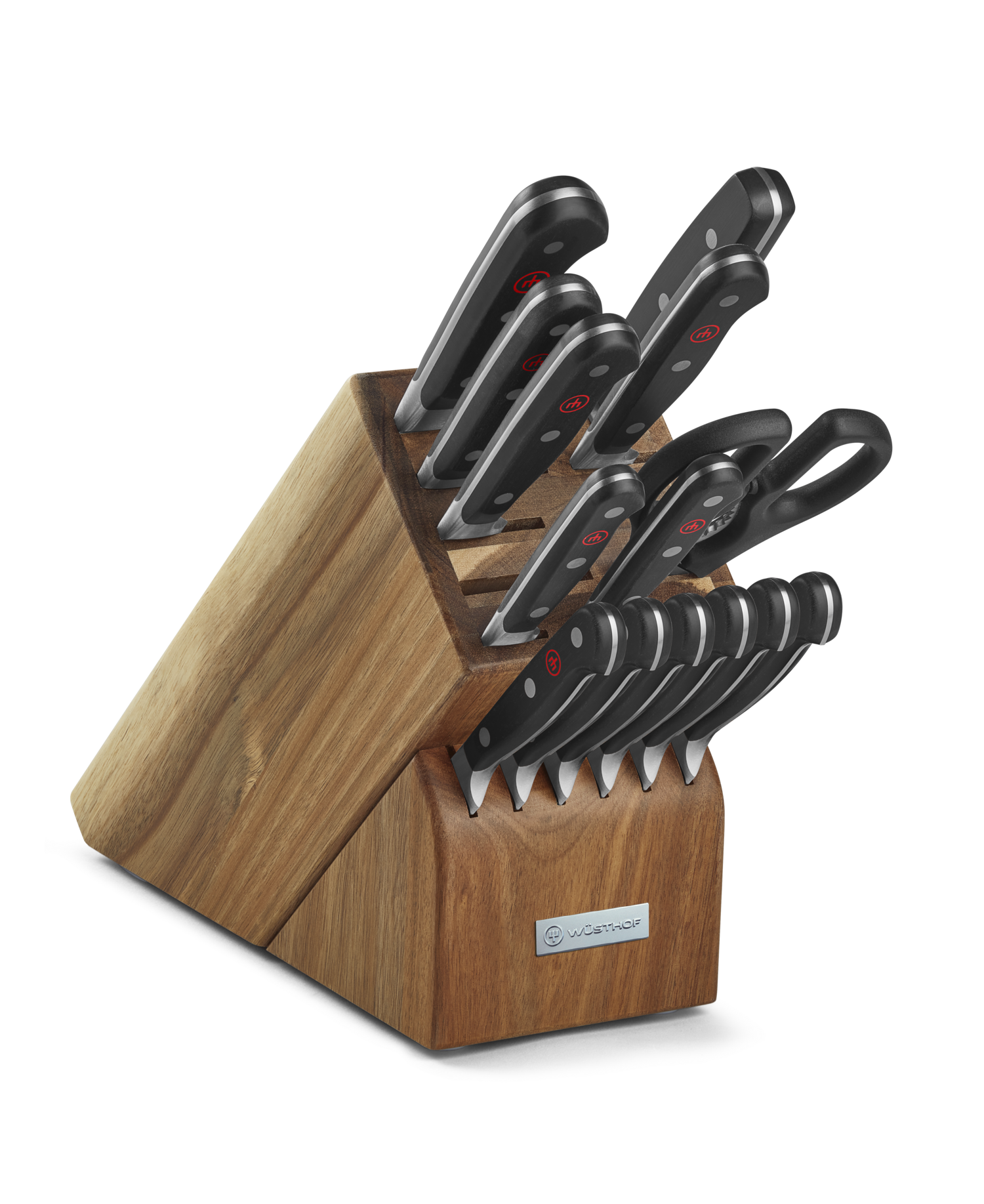 Classic 15-Piece Knife Block Set, Acacia showcasing a full set of forged German knives with black triple-riveted ergonomic handles in a polished acacia wood block.