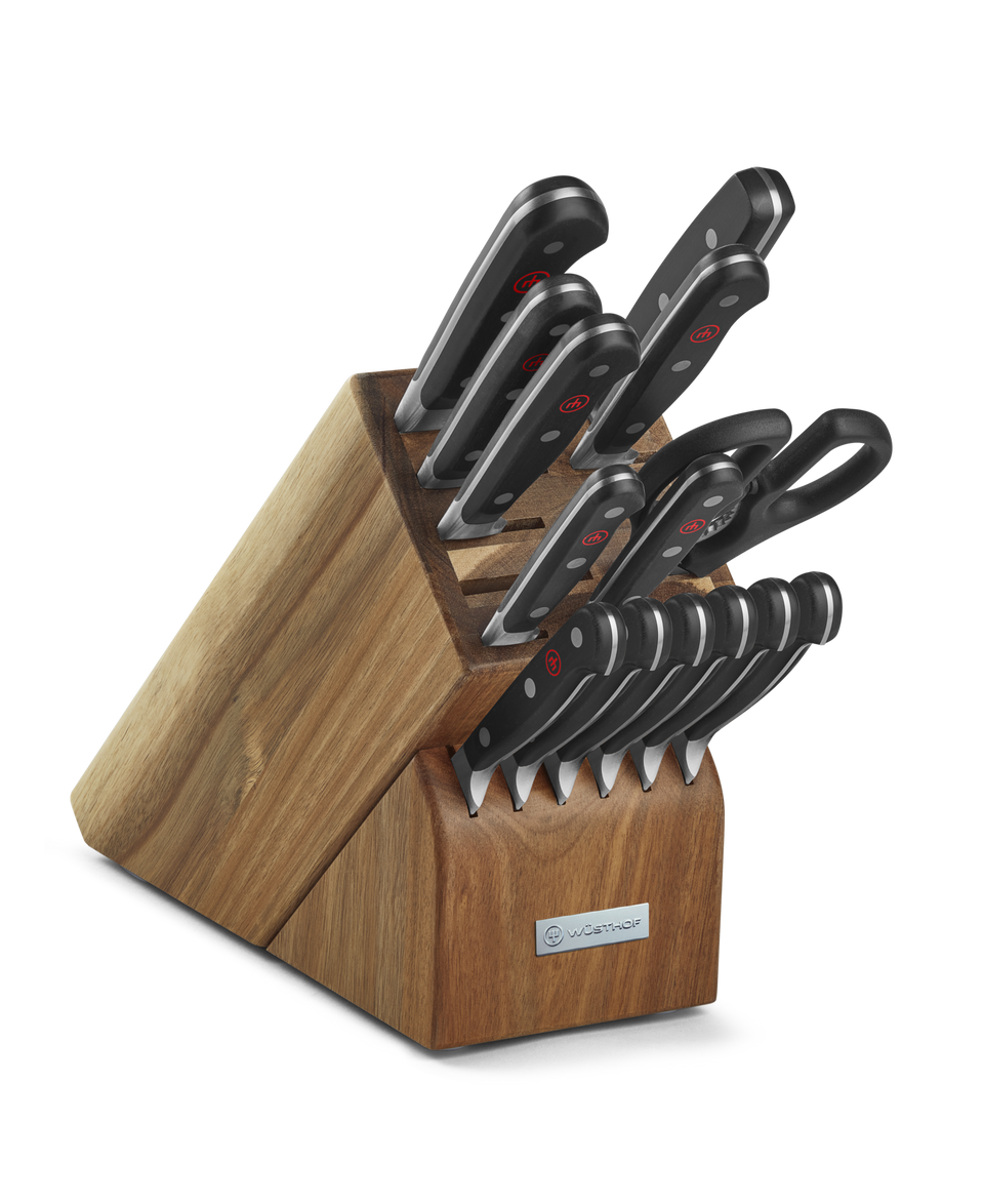 Classic 15-Piece Knife Block Set, Acacia showcasing a full set of forged German knives with black triple-riveted ergonomic handles in a polished acacia wood block.