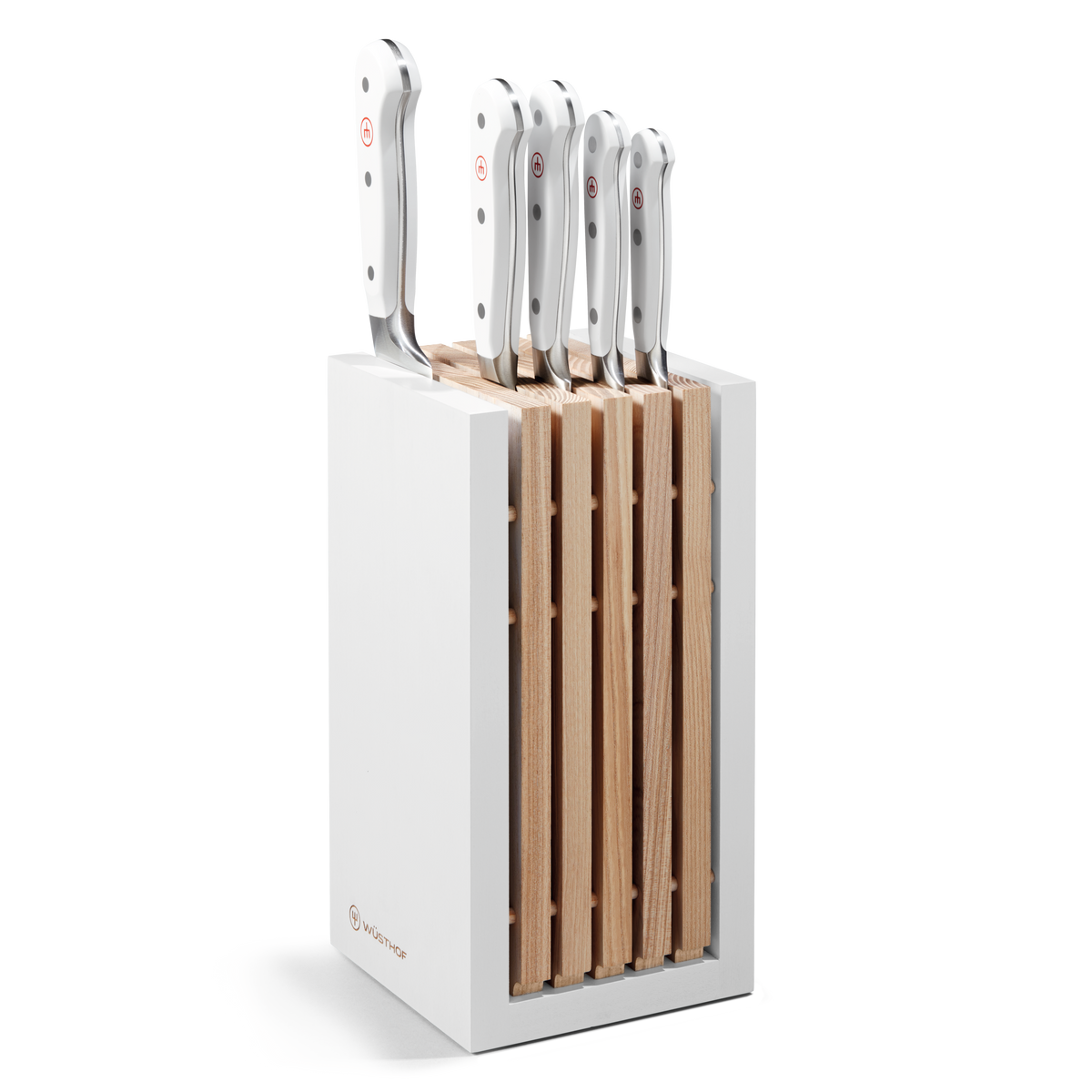 Classic 6-Piece Knife Block Set with Santoku featuring white ergonomic handles with triple rivets and forged German stainless steel blades in a modern white and natural wood block.