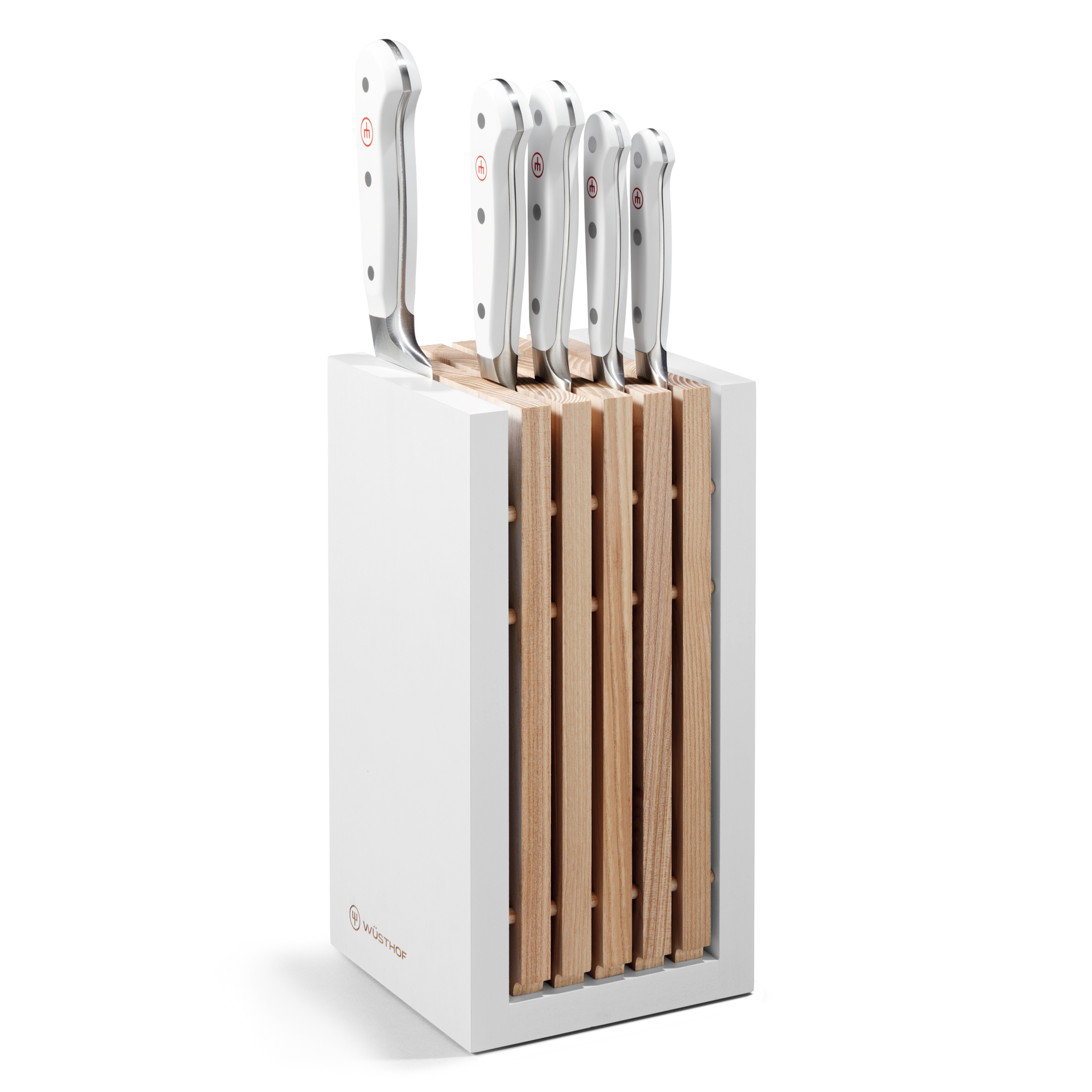 Classic 6-Piece Knife Block Set with Santoku featuring white ergonomic handles with triple rivets and forged German stainless steel blades in a modern white and natural wood block.