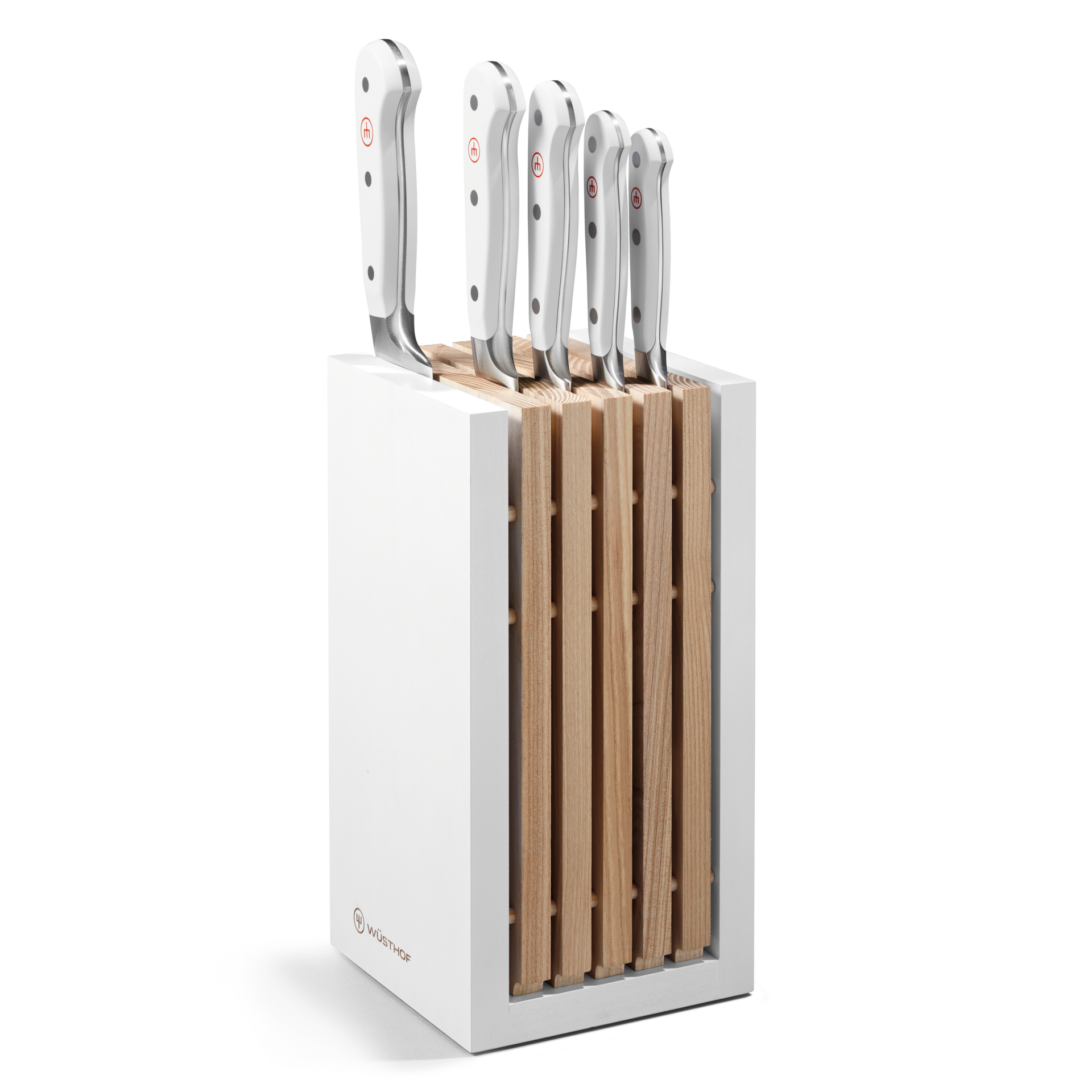 Classic 6-Piece Knife Block Set with Bread Knife featuring forged German stainless steel blades and white ergonomic handles in a sleek white and wood block.