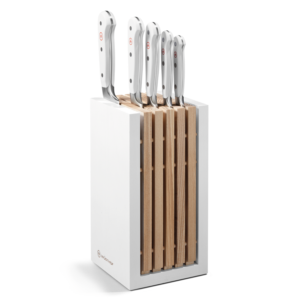 Classic 6-Piece Knife Block Set with Bread Knife featuring forged German stainless steel blades and white ergonomic handles in a sleek white and wood block.