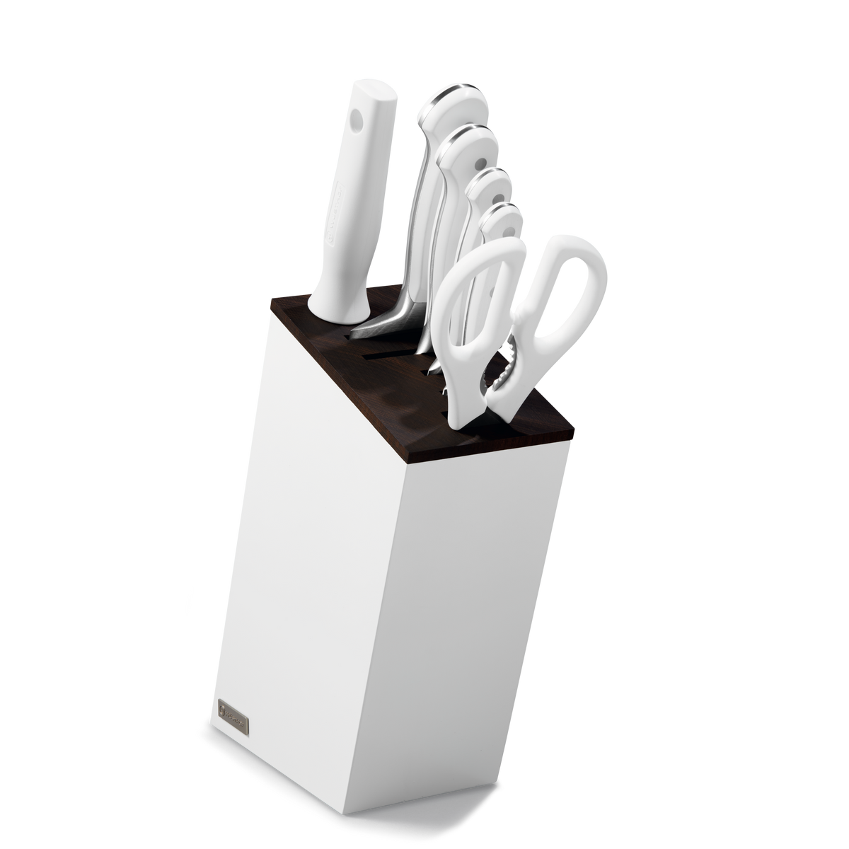 Classic 7-Piece Knife Block Set with Santoku featuring white-handled forged German knives and kitchen shears in a sleek white and dark wooden block.