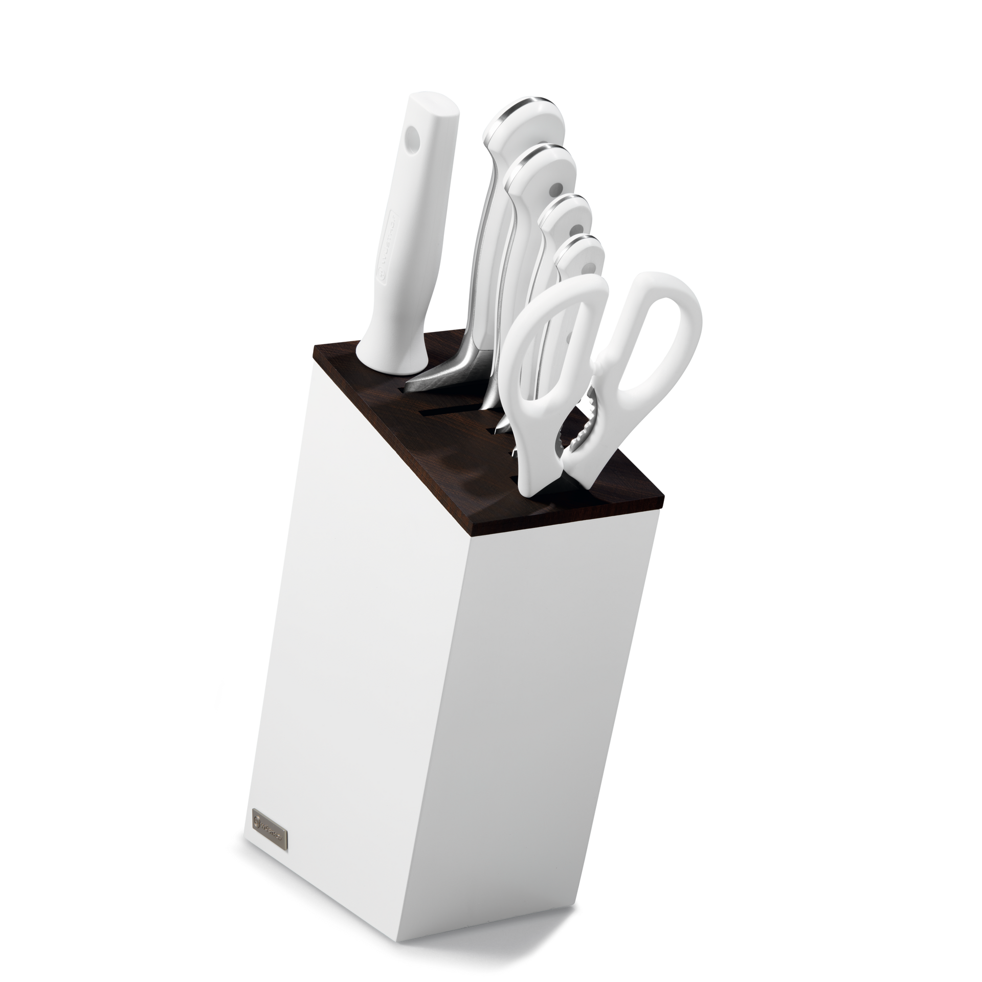 Classic 7-Piece Knife Block Set with Santoku featuring white-handled forged German knives and kitchen shears in a sleek white and dark wooden block.
