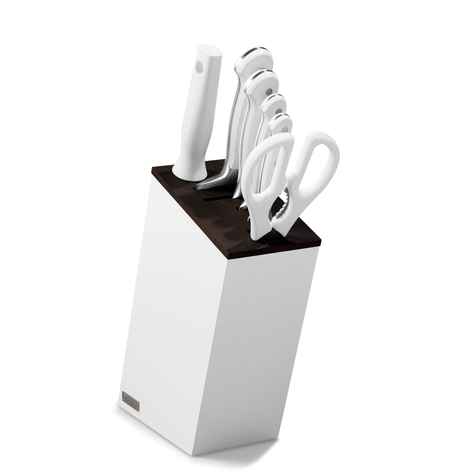 Classic 7-Piece Knife Block Set with Santoku featuring white-handled forged German knives and kitchen shears in a sleek white and dark wooden block.