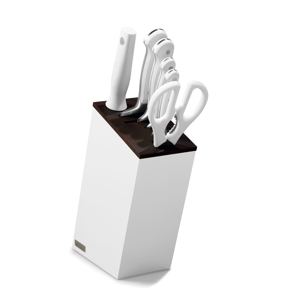 Classic 7-Piece Knife Block Set with Bread Knife featuring sleek white ergonomic handles, sharp forged German stainless steel blades, and a contrasting dark wood top block.