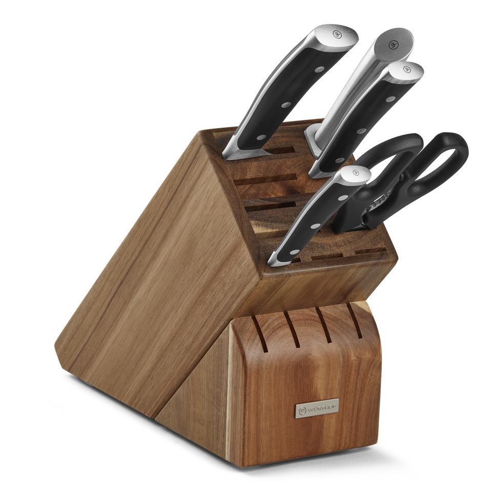 Classic Ikon 6-Piece Starter Knife Block Set featuring forged German knives with black ergonomic handles and a polished wooden block with logo plate.