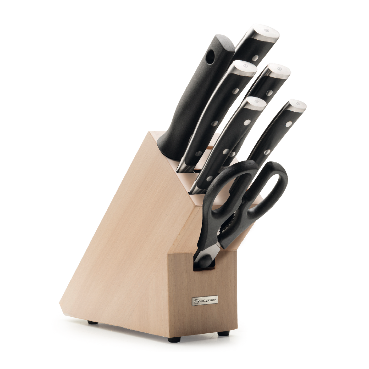 Classic Ikon 8-Piece Starter Knife Block Set featuring forged German kitchen knives with polished stainless steel blades, black ergonomic handles, and kitchen shears in a light wooden block.