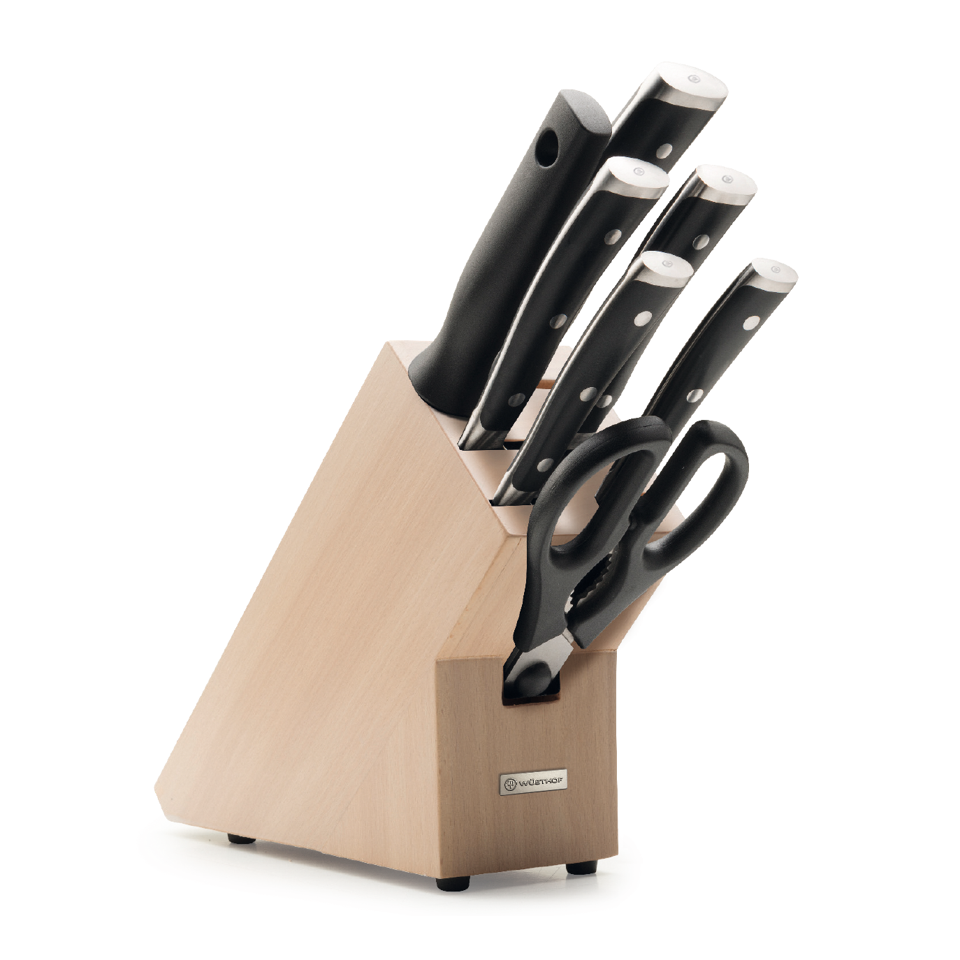 Classic Ikon 8-Piece Starter Knife Block Set featuring forged German kitchen knives with polished stainless steel blades, black ergonomic handles, and kitchen shears in a light wooden block.