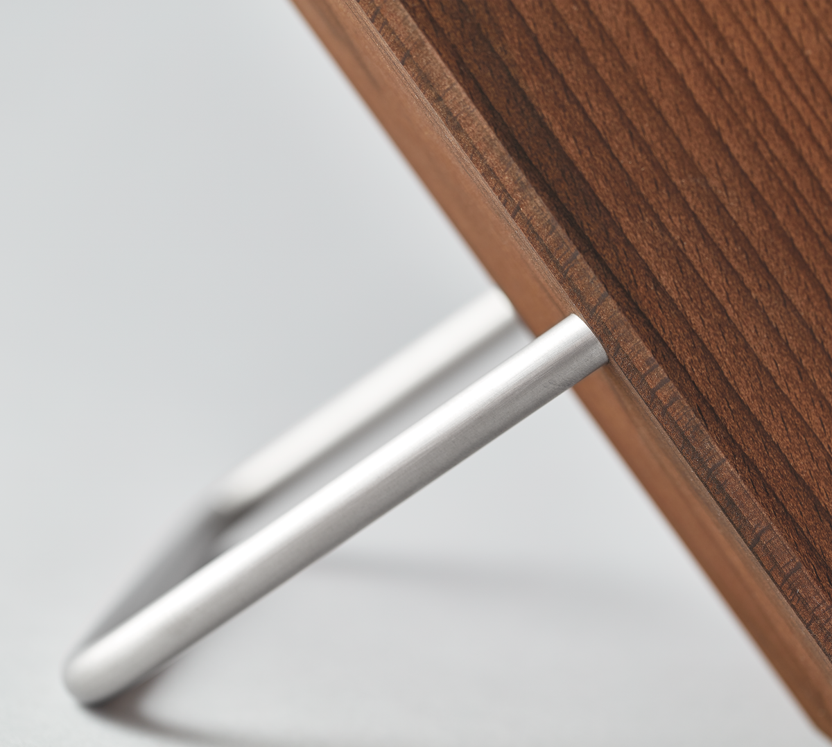 Close-up of the stainless steel handle on the 8-Slot Heat Treated Beech Knife Block highlighting smooth metal finish and warm wood grain texture.