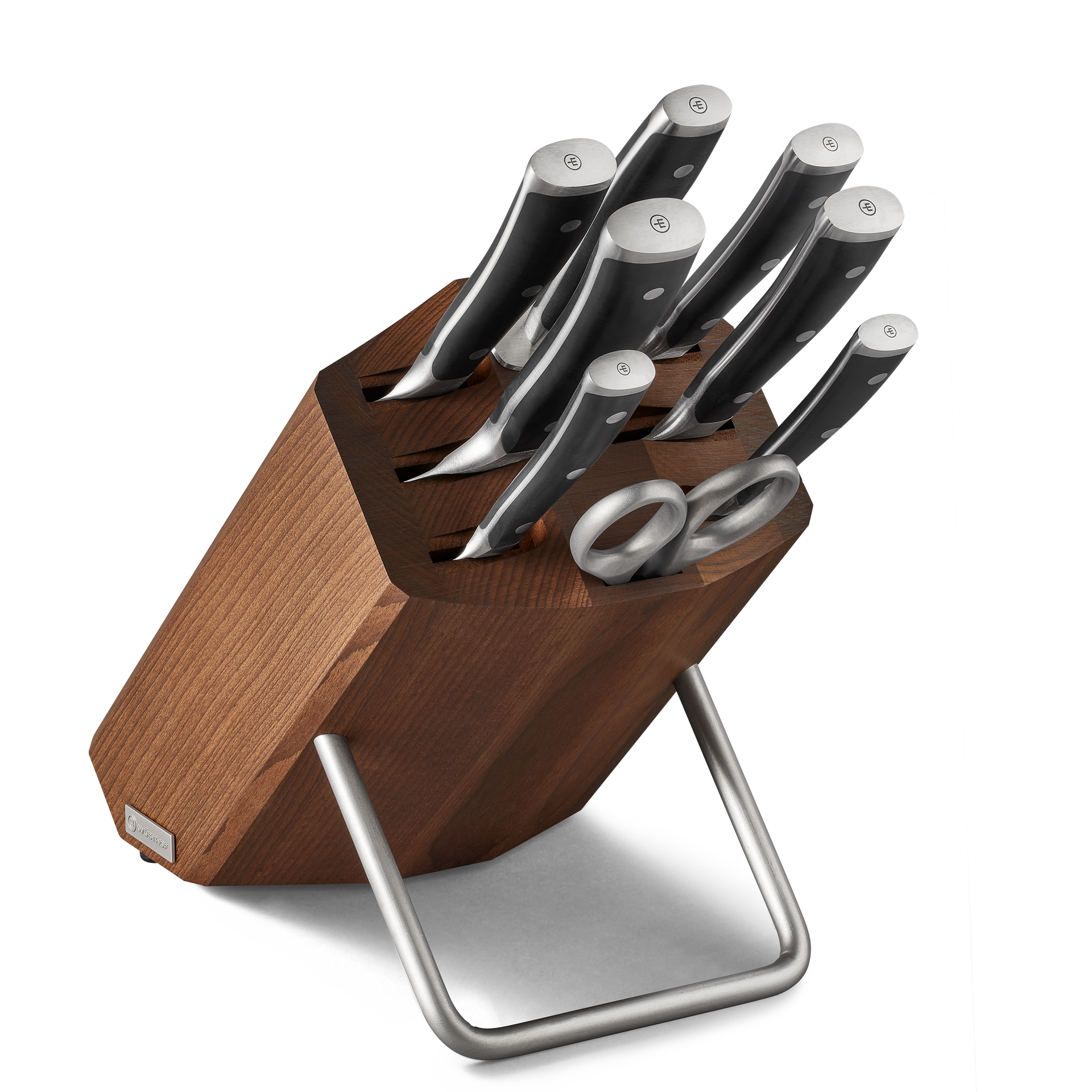 Classic Ikon 9-Piece Knife Block Set featuring forged German knives with sharp blades, ergonomic black handles with polished rivets, and a dark wood block with stainless steel stand.