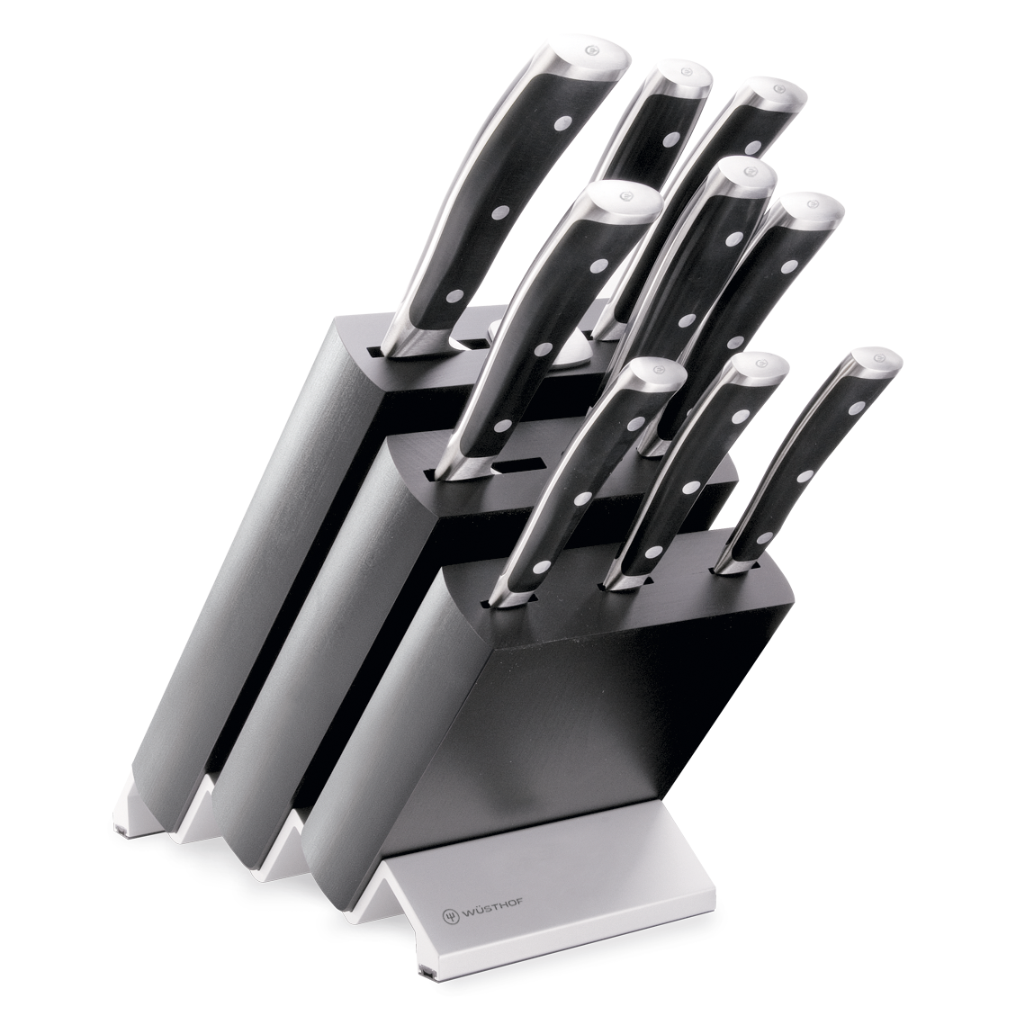 Classic Ikon 10-Piece Knife Block Set displaying forged German knives with polished triple-riveted black handles and a sleek black storage block.