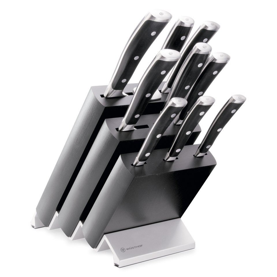 Classic Ikon 10-Piece Knife Block Set displaying forged German knives with polished triple-riveted black handles and a sleek black storage block.