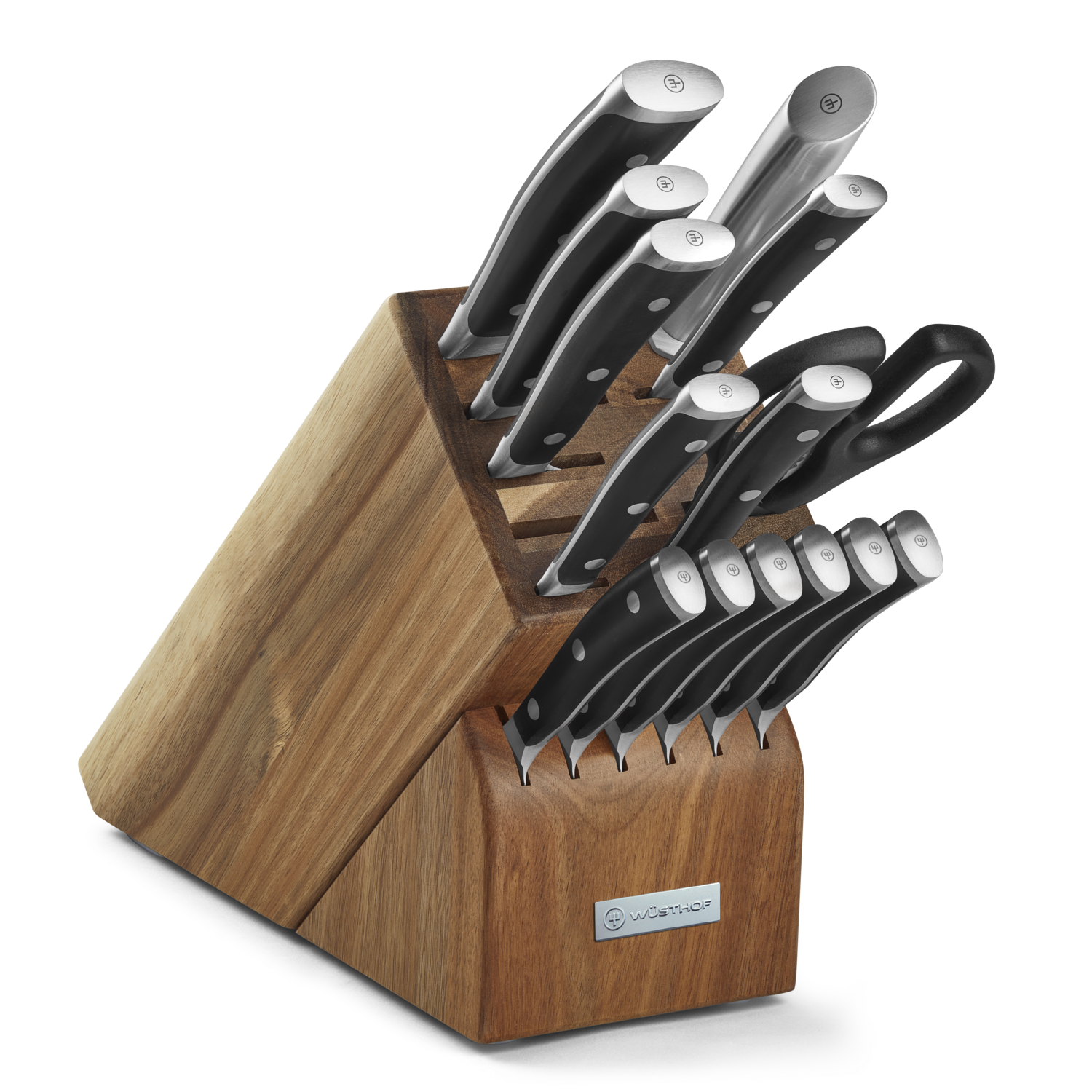 Classic Ikon 15-Piece Knife Block Set displaying forged German knives with polished stainless steel blades and black ergonomic handles in a wooden block.