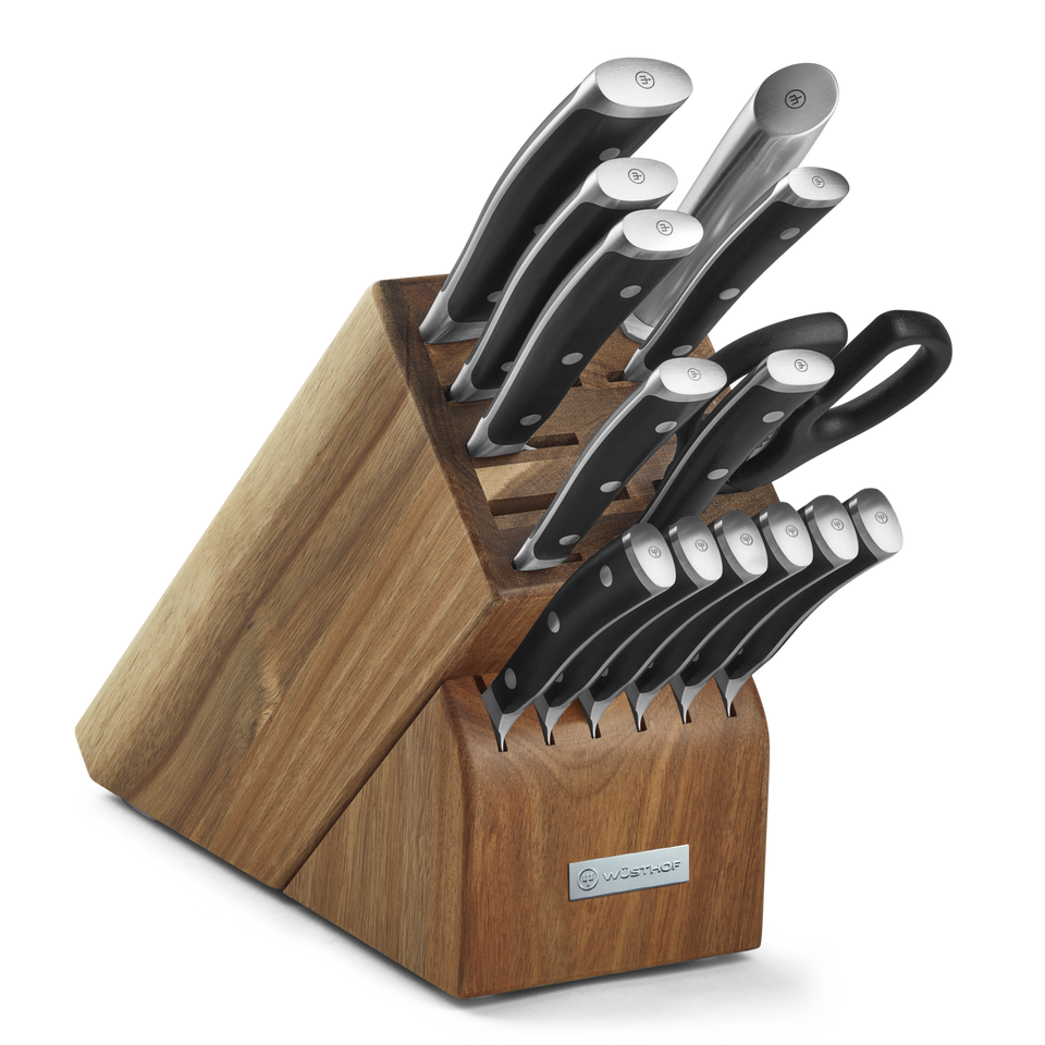 Classic Ikon 15-Piece Knife Block Set displaying forged German knives with polished stainless steel blades and black ergonomic handles in a wooden block.