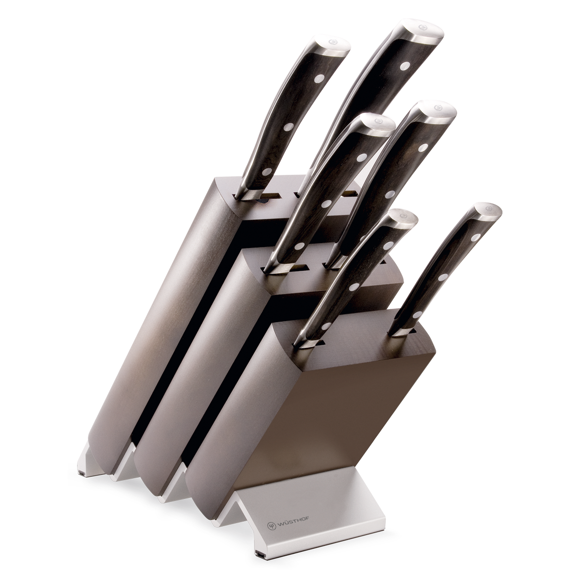 Ikon 7-Piece Knife Block Set with forged German steel blades, featuring triple-riveted dark wooden handles and an angled dark wood block for organized kitchen storage.