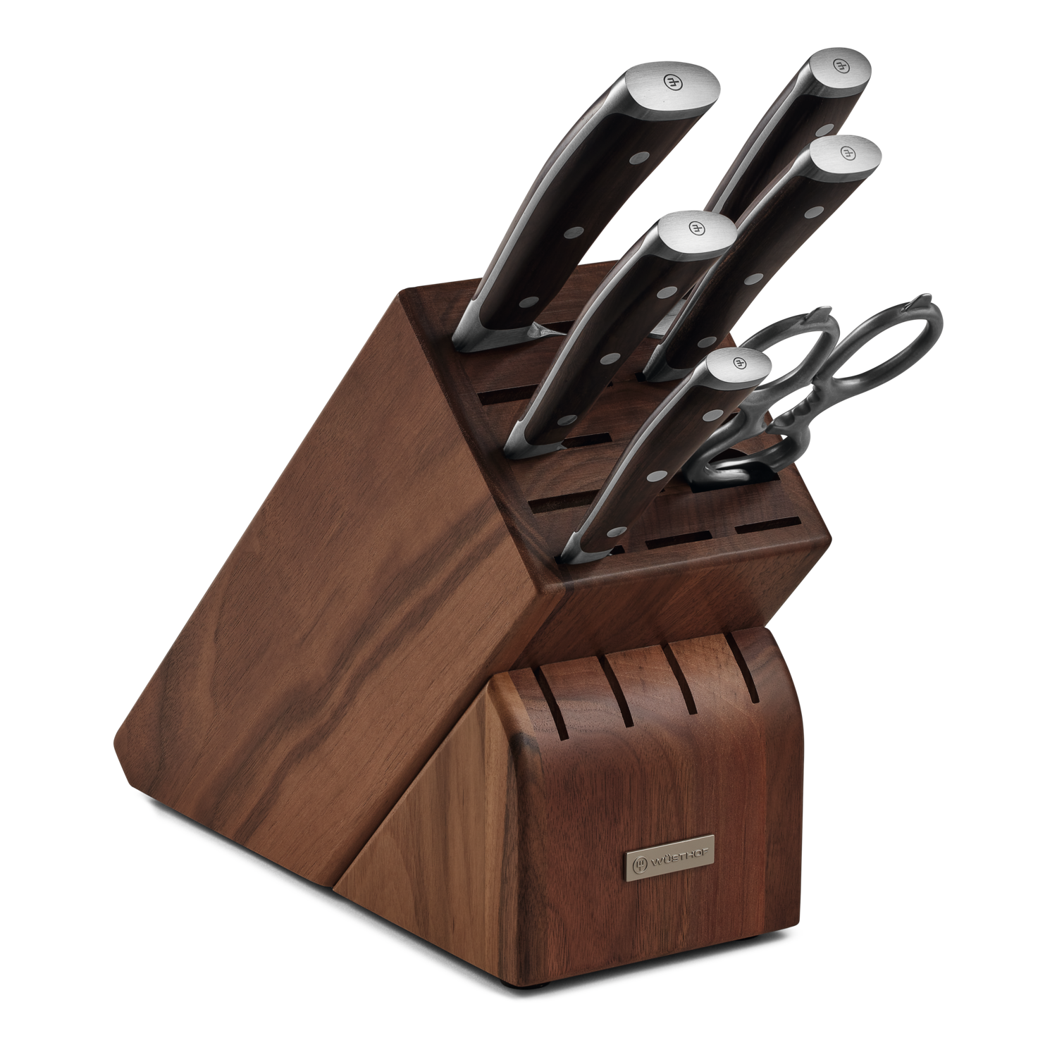 Ikon 7-Piece Knife Block Set featuring forged German steel blades with polished stainless steel bolsters and contoured dark handles in a rich wooden block with storage slots.