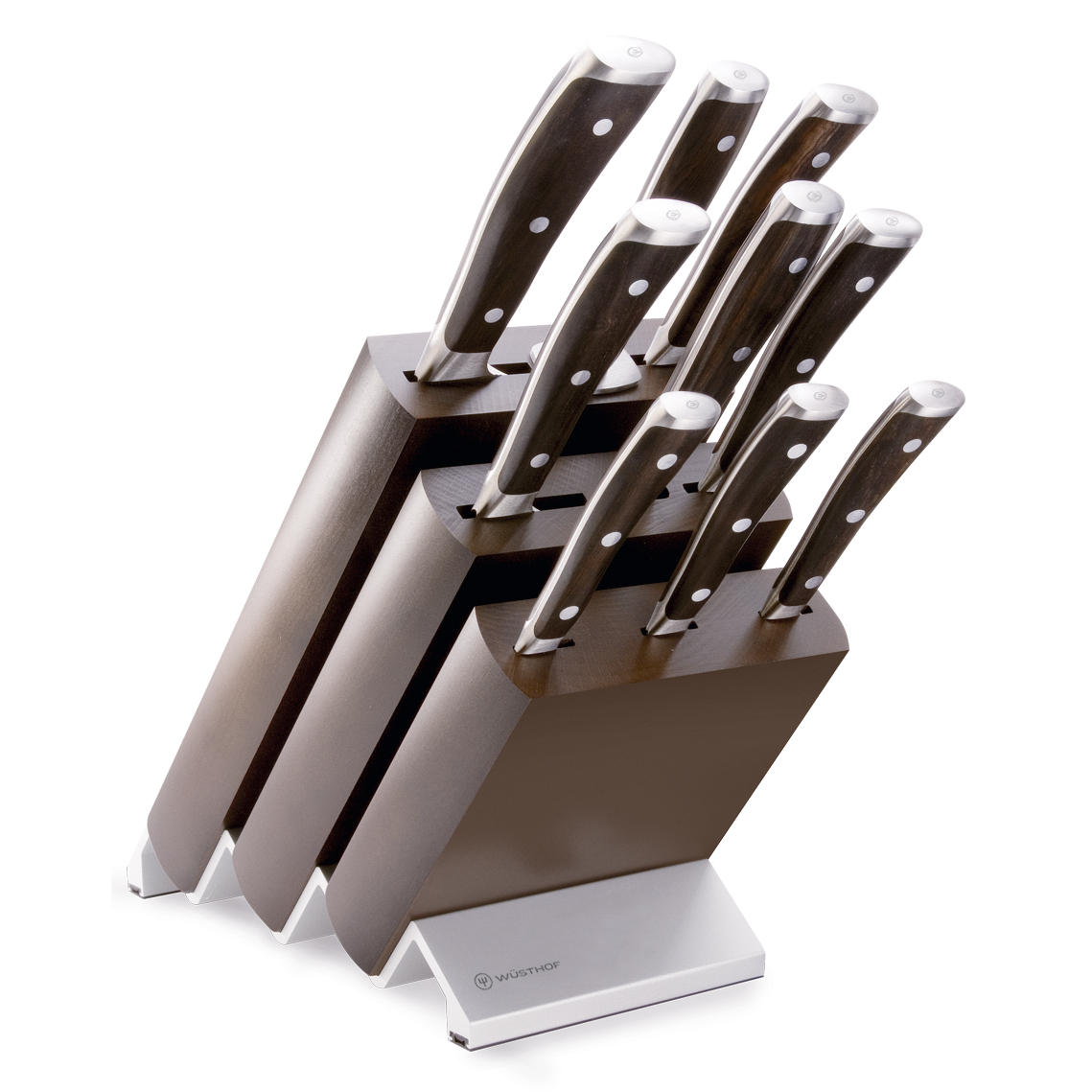 Ikon 10-Piece Knife Block Set featuring forged blades with polished triple-riveted handles in a sleek dark wood block for organized kitchen storage.