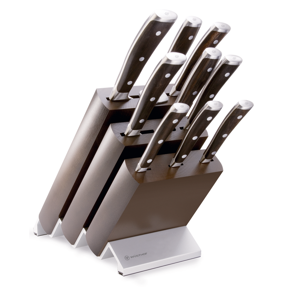 Ikon 10-Piece Knife Block Set featuring forged blades with polished triple-riveted handles in a sleek dark wood block for organized kitchen storage.