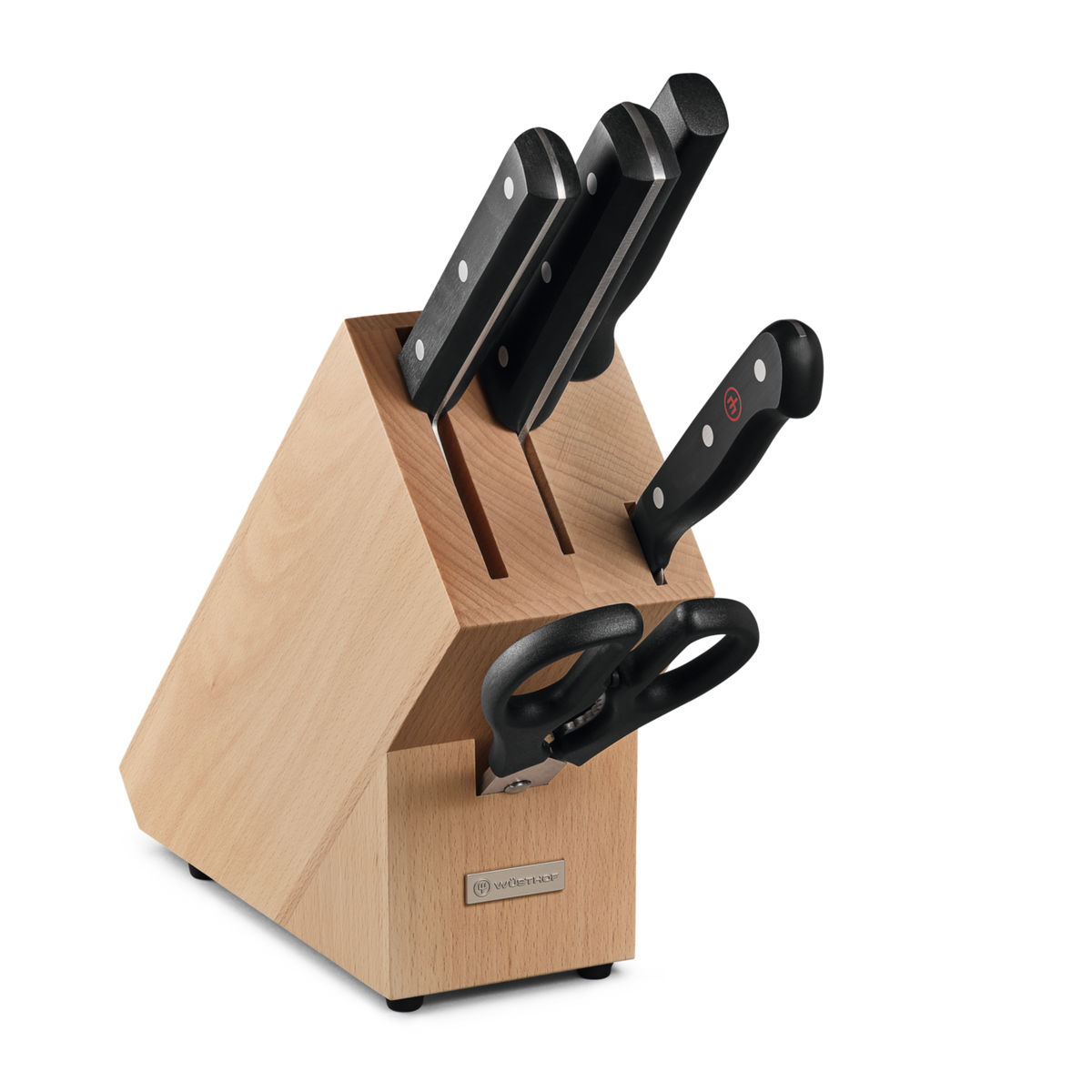 Gourmet 6-Piece Knife Block Set featuring forged German knives with black ergonomic handles displayed in a natural wooden block with included kitchen shears.
