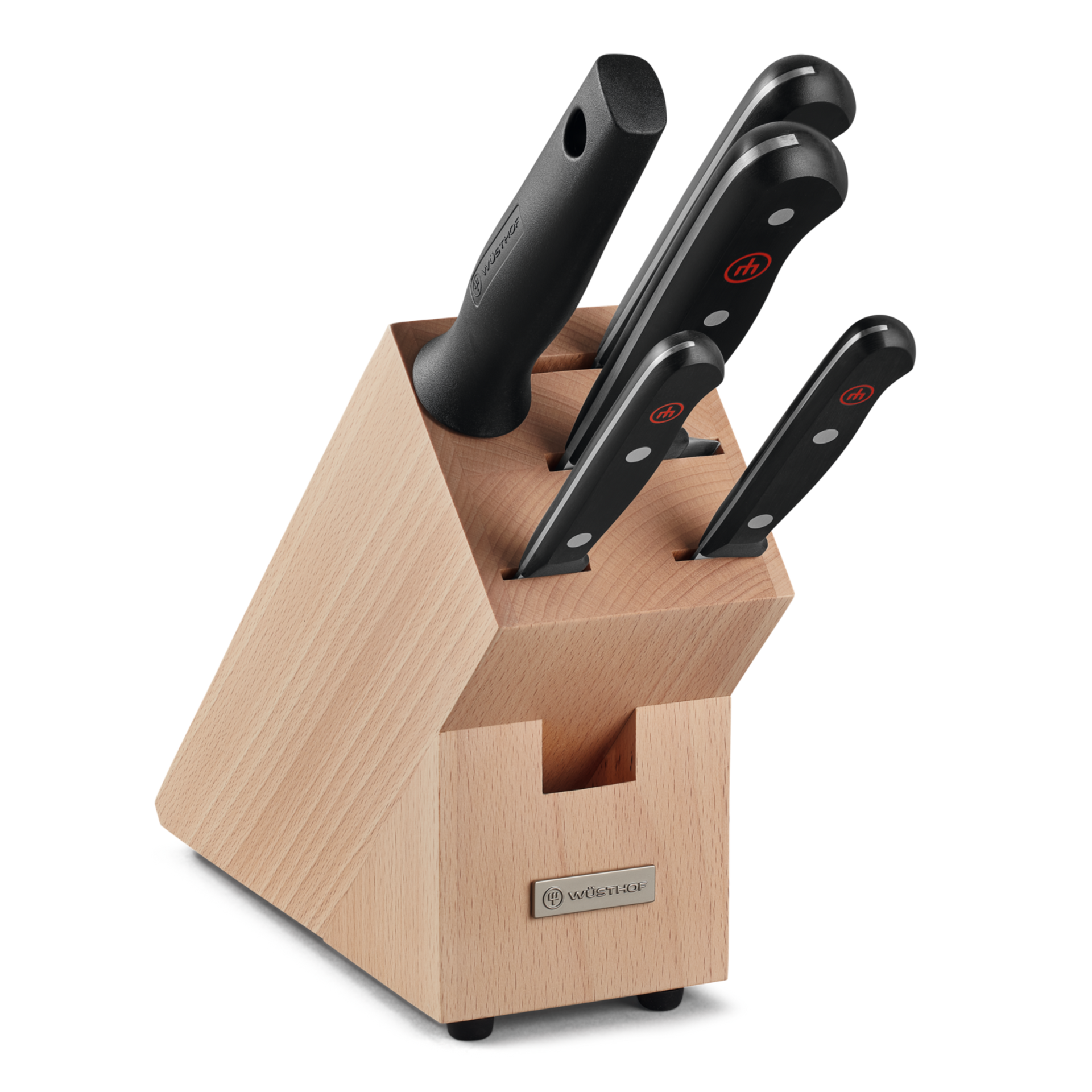 Gourmet 6-Piece Knife Block Set displaying forged German knives with black ergonomic handles neatly stored in a light wooden block with logo plaque.