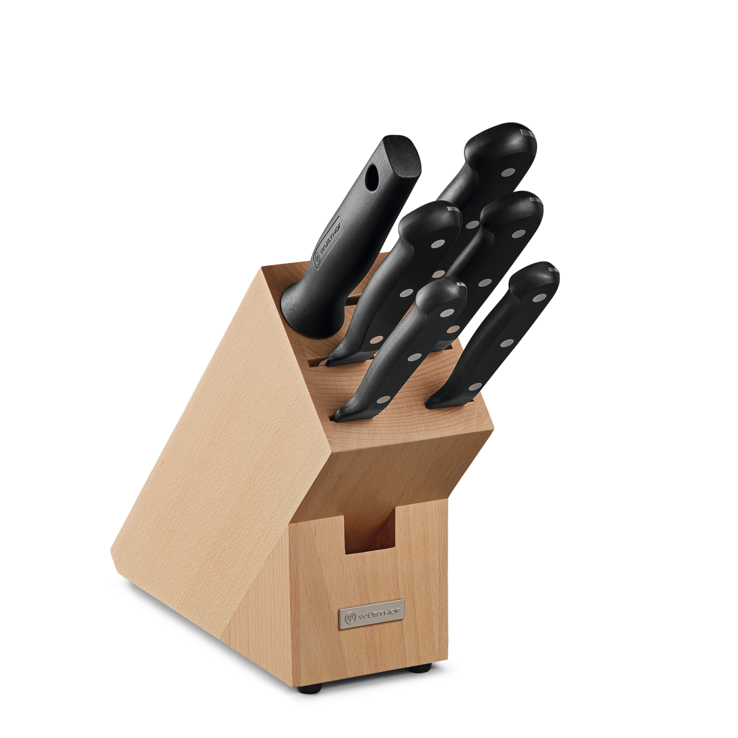 Gourmet 7-Piece Knife Block Set featuring forged German steel blades with ergonomic black triple-riveted handles in a natural wood block for organized kitchen storage.