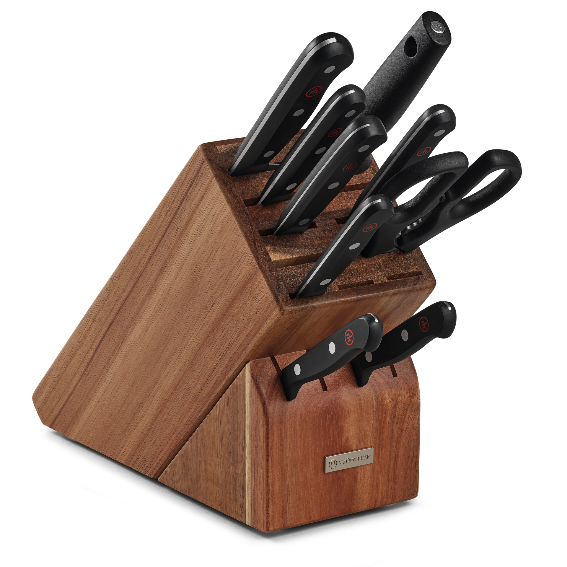 Gourmet 10-Piece Knife Block Set displaying forged German knives with ergonomic black handles neatly organized in a polished wooden block.