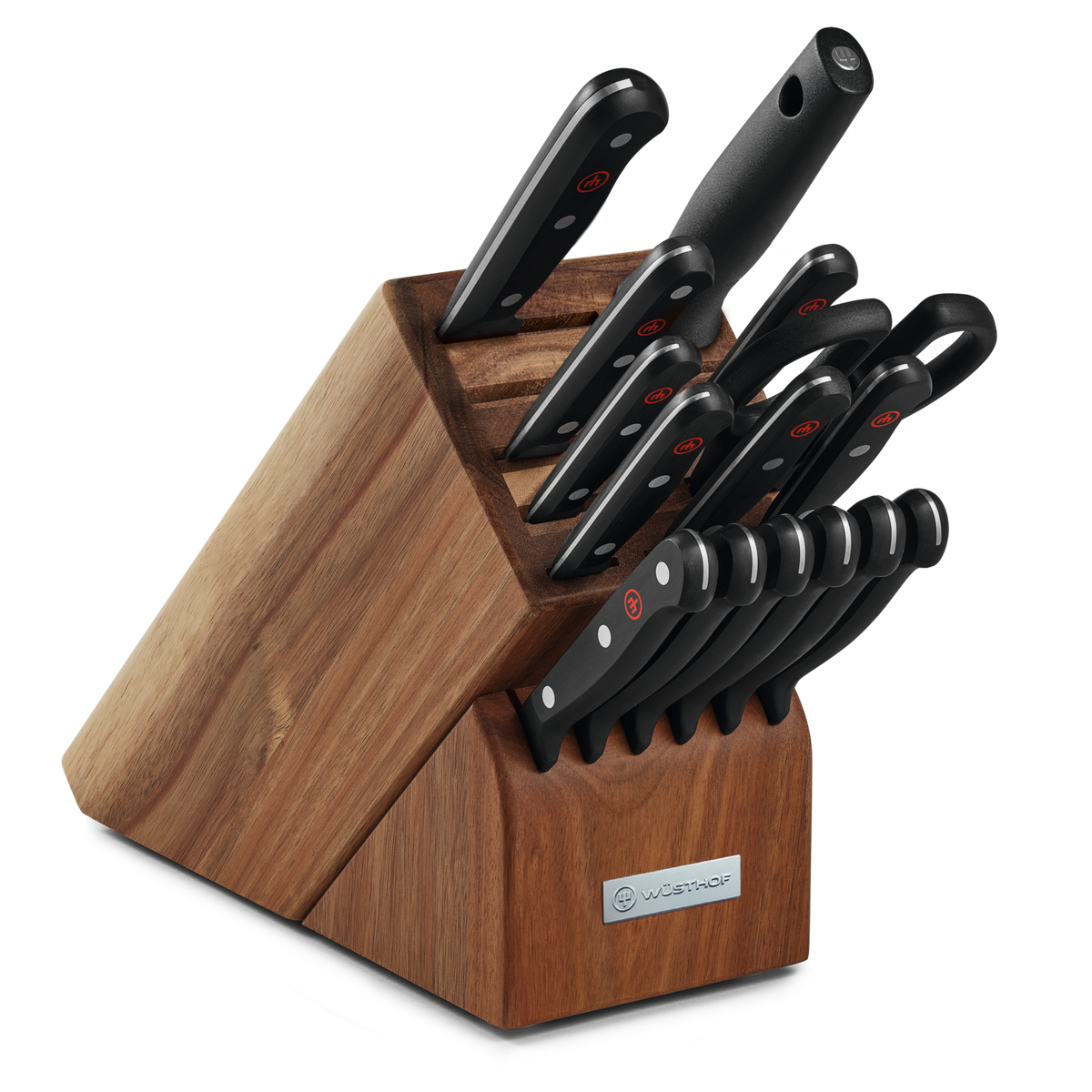 Gourmet 16-Piece Knife Block Set displaying a polished acacia wood block with sleek black-handled forged German knives neatly arranged for versatile kitchen use.