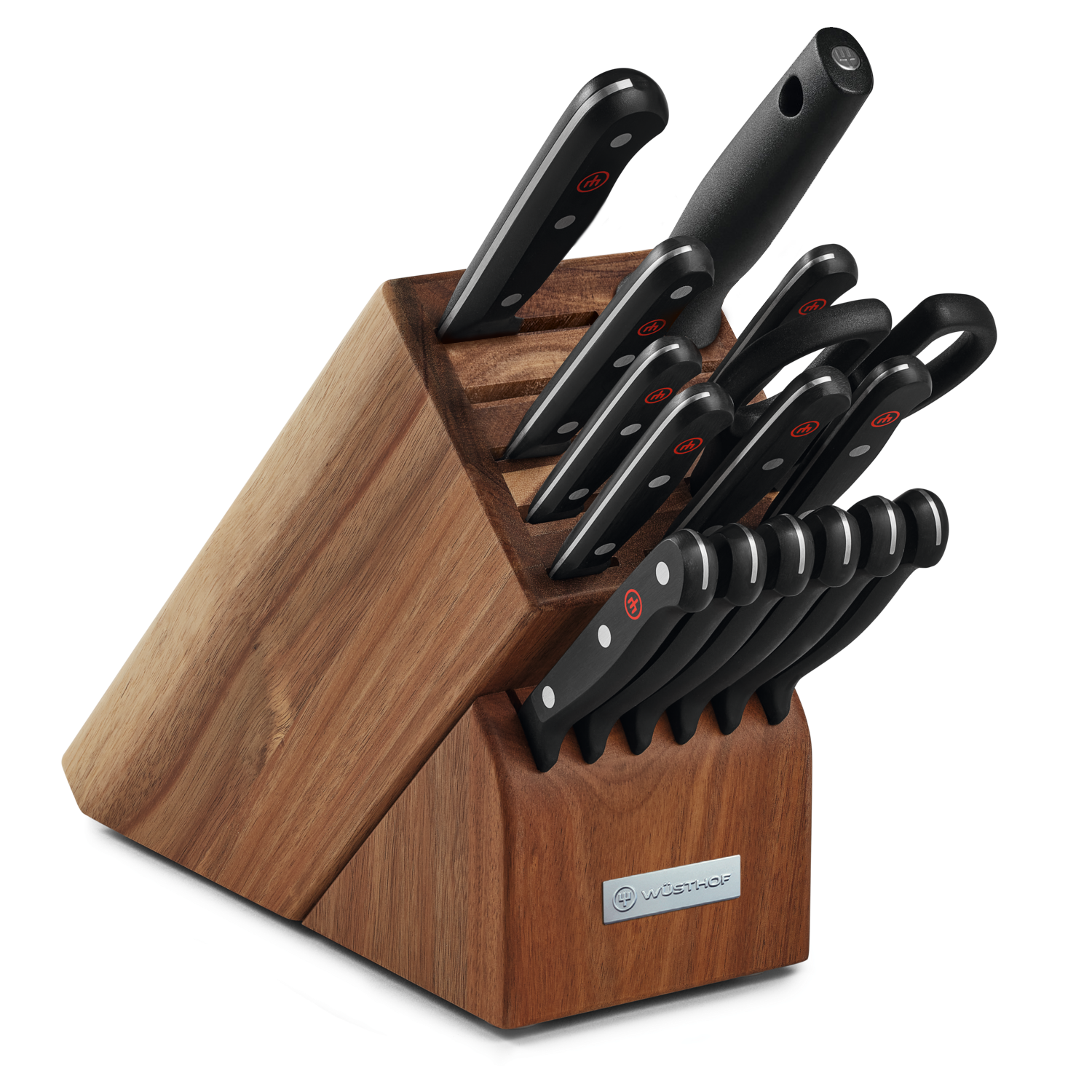 Gourmet 16-Piece Knife Block Set displaying a polished acacia wood block with sleek black-handled forged German knives neatly arranged for versatile kitchen use.