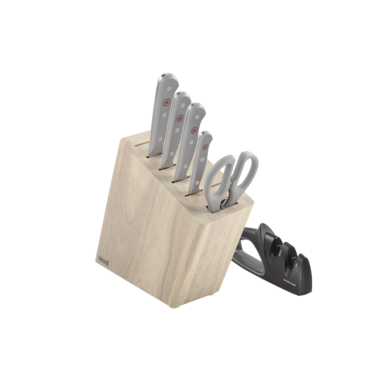 Gourmet 7-Piece Block Set featuring forged German kitchen knives with polished rivets, ergonomic gray handles, kitchen shears, and a black knife sharpener.