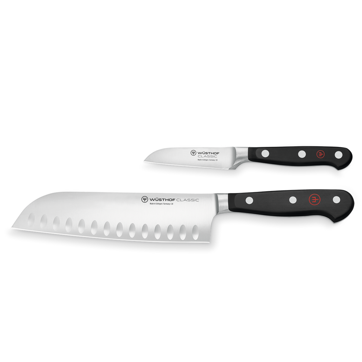 Classic 2-Piece Asian Cook's Set featuring precision-forged German steel blades and triple-riveted black handles designed for versatile and efficient cutting.