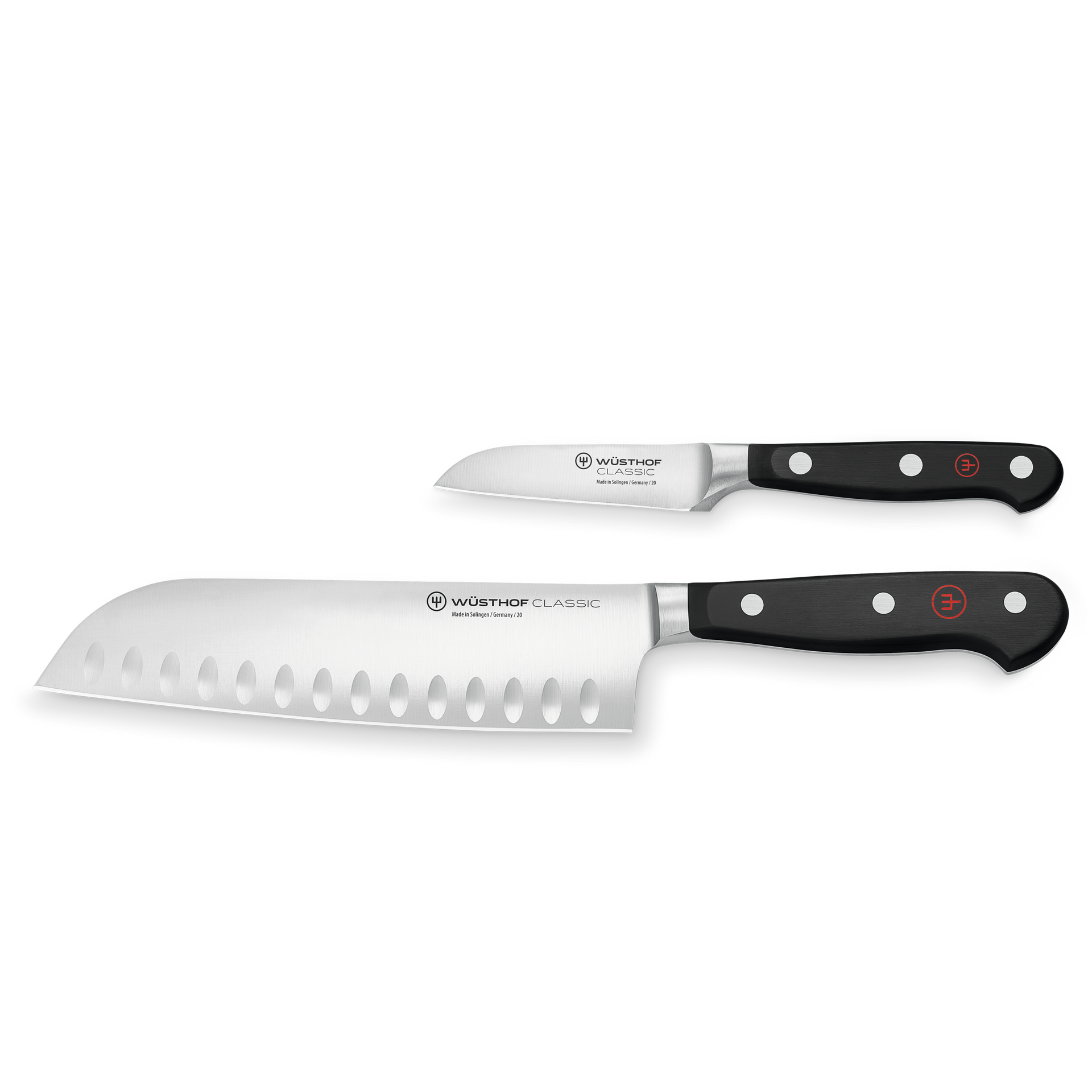 Classic 2-Piece Asian Cook's Set featuring precision-forged German steel blades and triple-riveted black handles designed for versatile and efficient cutting.