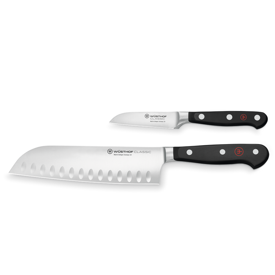 Classic 2-Piece Asian Cook's Set featuring precision-forged German steel blades and triple-riveted black handles designed for versatile and efficient cutting.