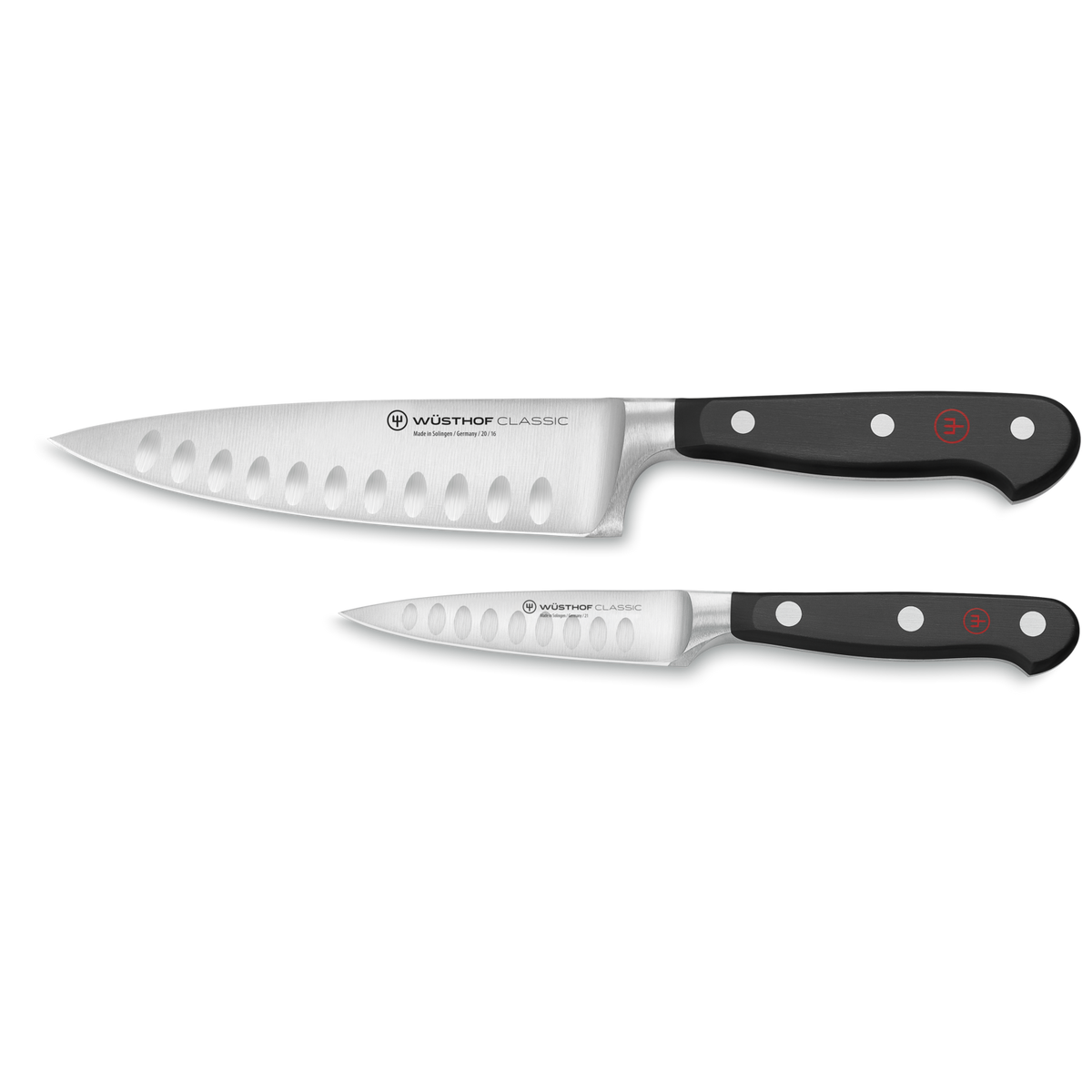 Classic 2-Piece Hollow Edge Chef's Knife Set featuring two forged German knives with hollow grind blades and black ergonomic handles with polished rivets.