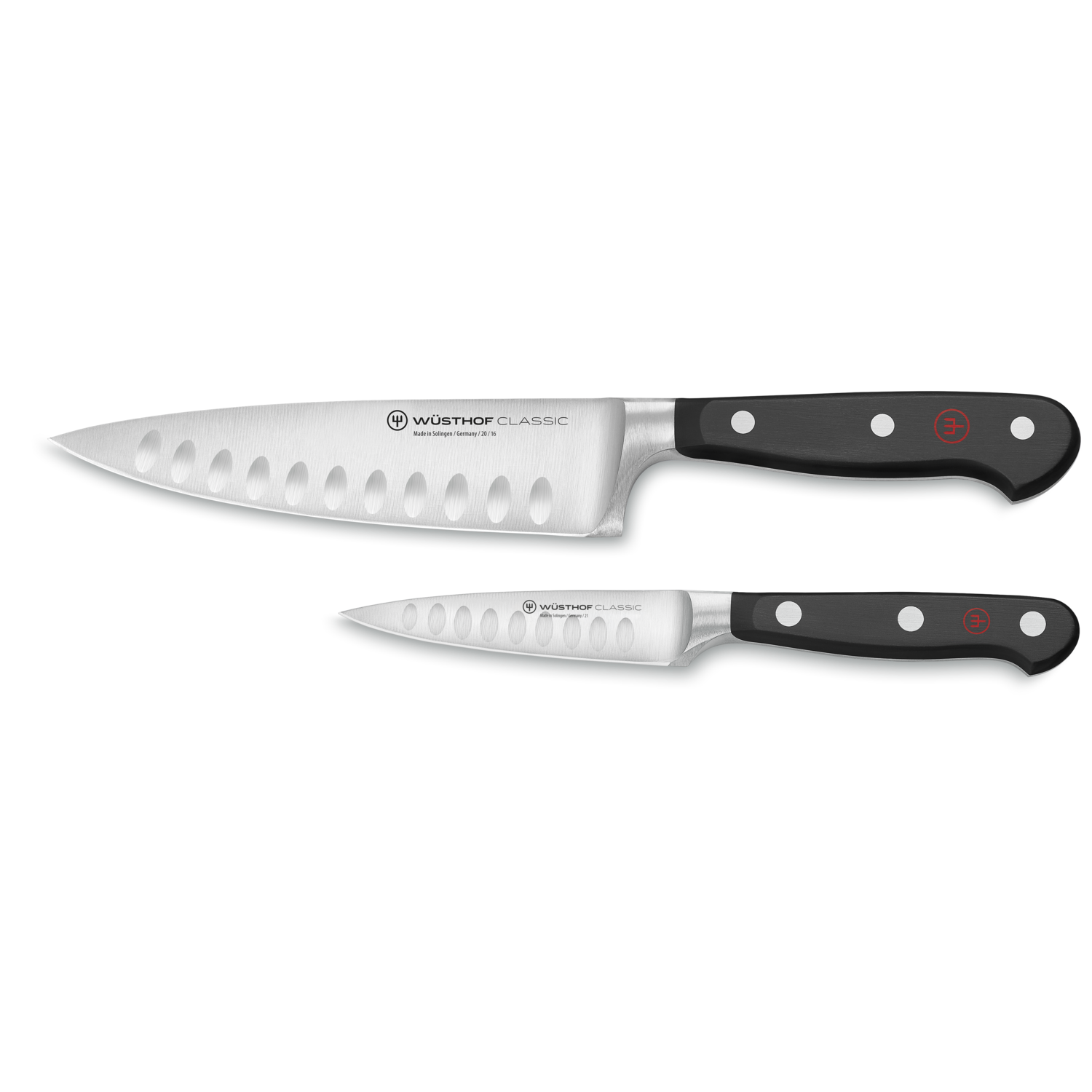 Classic 2-Piece Hollow Edge Chef's Knife Set featuring two forged German knives with hollow grind blades and black ergonomic handles with polished rivets.