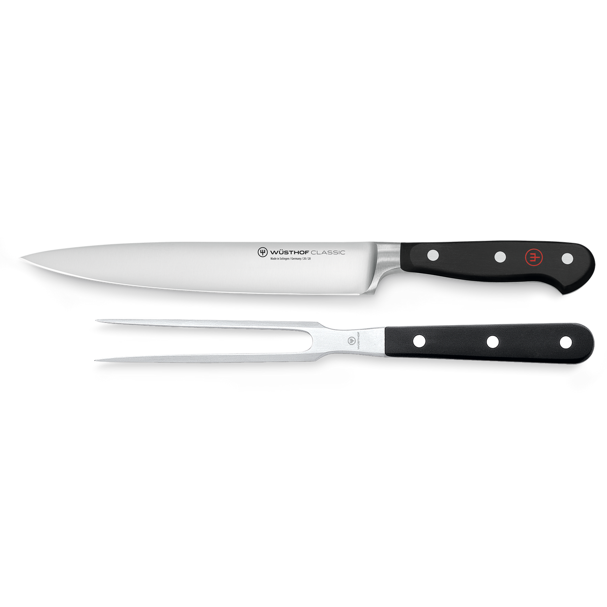 Classic 2-Piece Carving Set featuring a forged German carving knife with polished stainless steel blade and black ergonomic handle, paired with a matching two-prong fork.