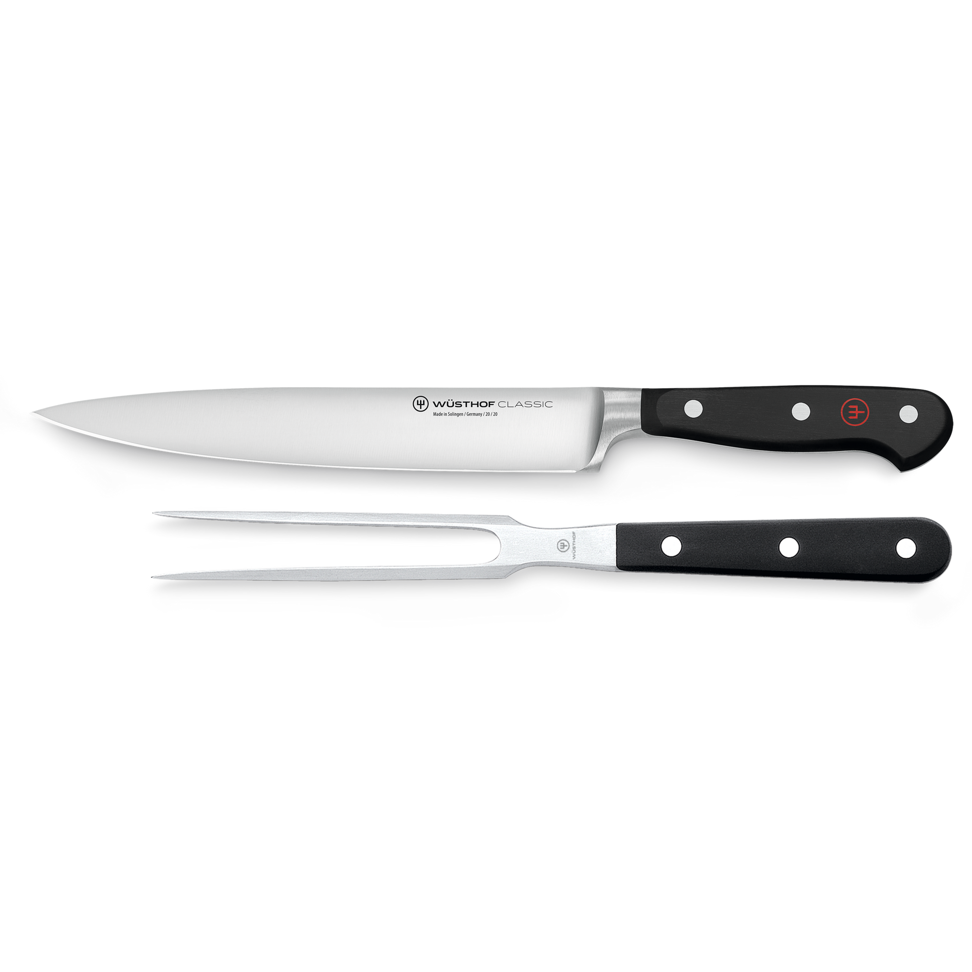 Classic 2-Piece Carving Set featuring a forged German carving knife with polished stainless steel blade and black ergonomic handle, paired with a matching two-prong fork.