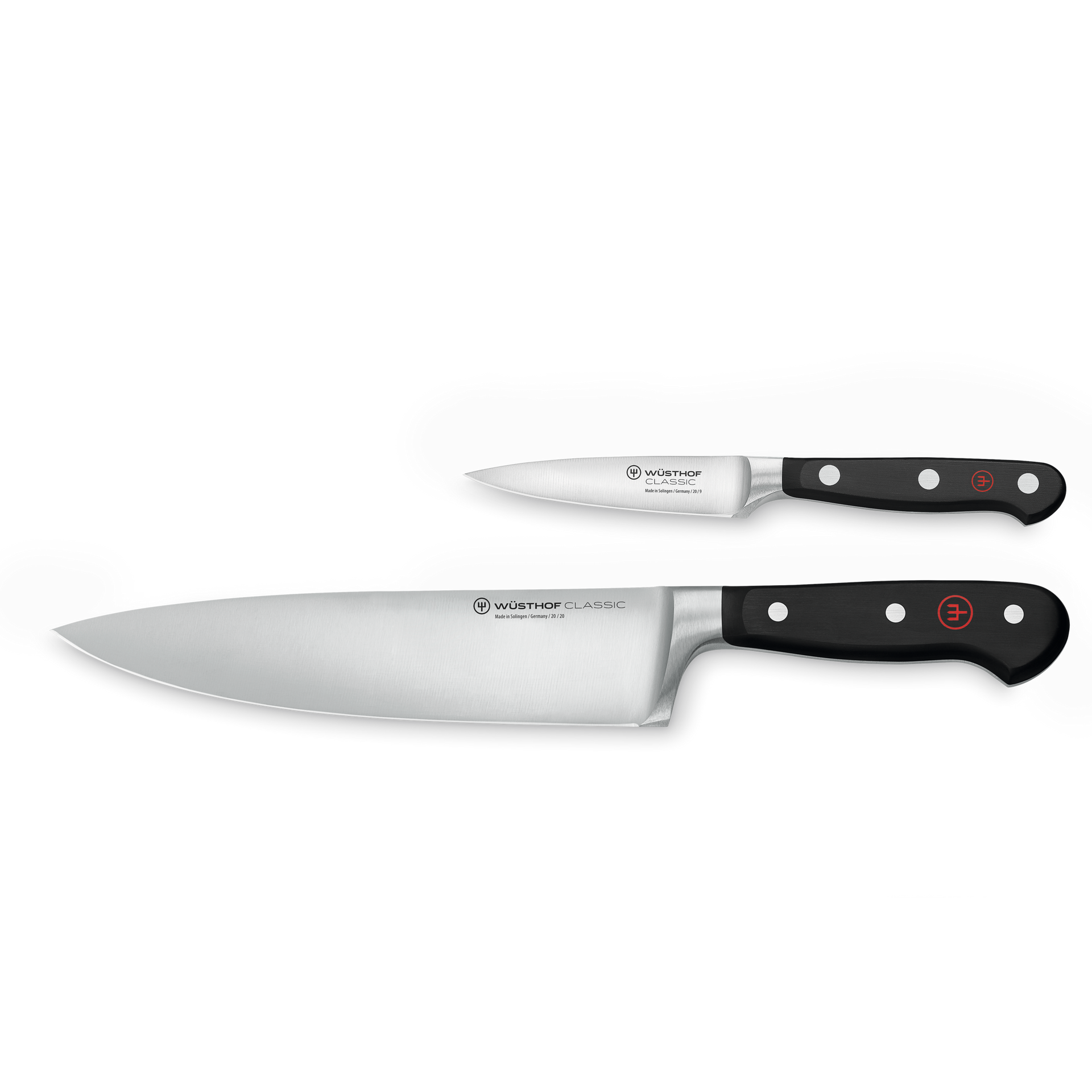 Classic 2-Piece Starter Set featuring forged German steel blades with triple-riveted black handles for precise and durable kitchen cutting tasks.