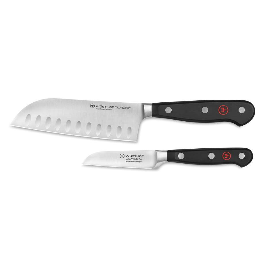 Classic 2-Piece Mini Asian Knife Set featuring forged German stainless steel blades with black ergonomic handles and full tang construction for precision cutting.