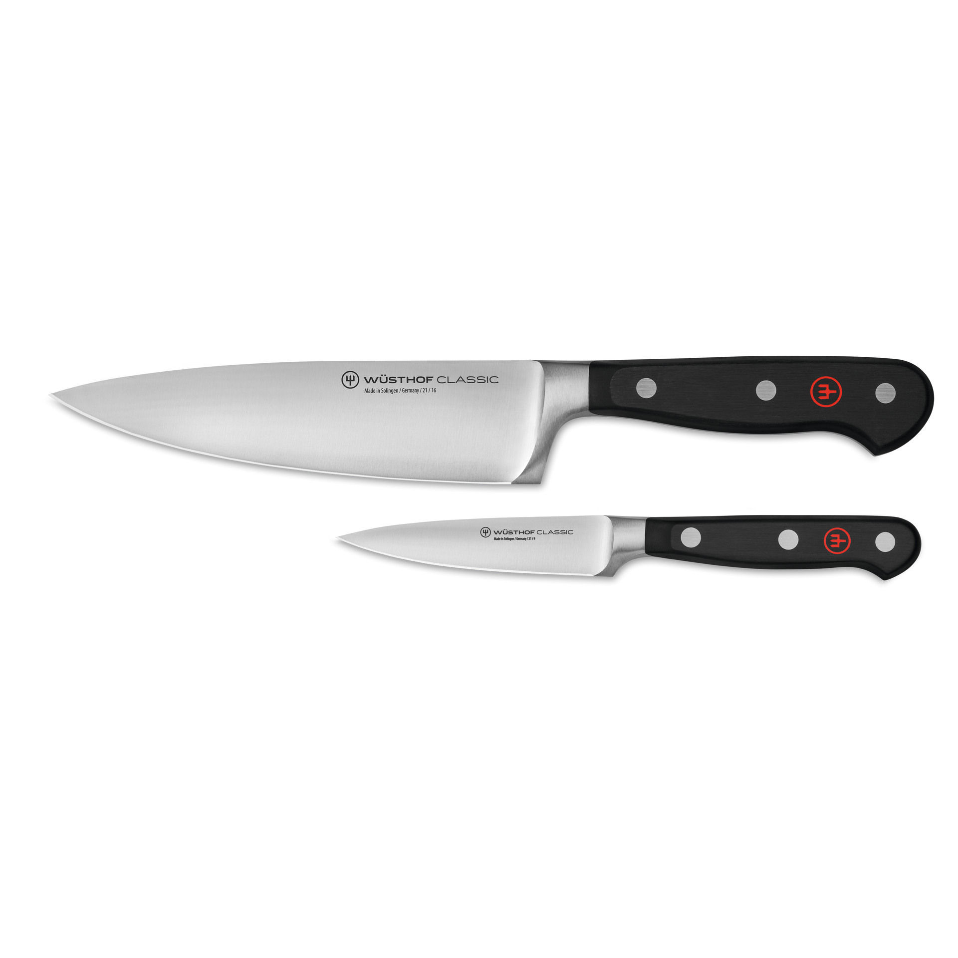 Classic 2-Piece Prep Set featuring forged German steel blades with full tang and black ergonomic handles designed for precision cutting and versatile kitchen use.