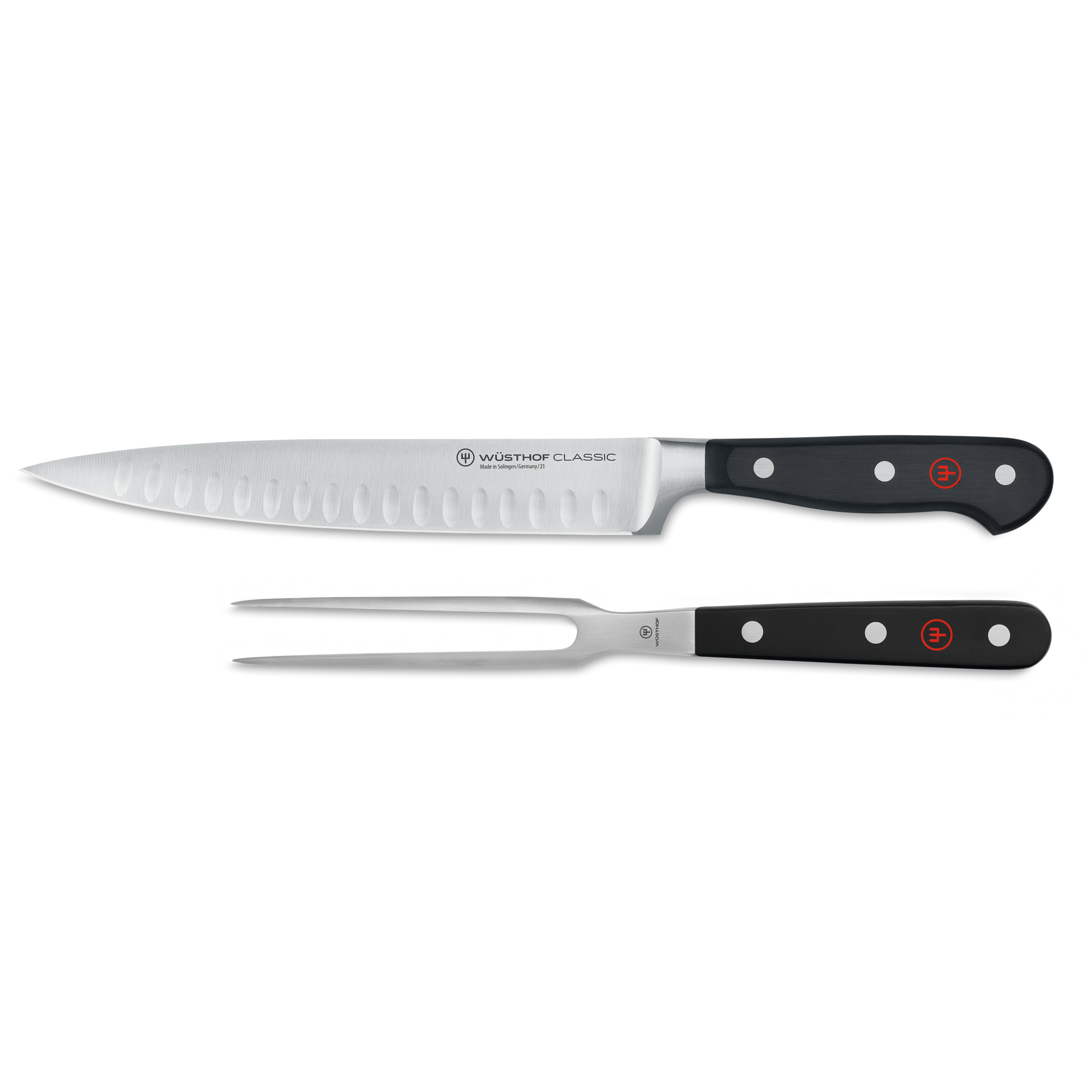 Classic 2-Piece Hollow Edge Carving Set featuring forged German steel with hollow edge blade for reduced sticking and black ergonomic handles with triple rivets.