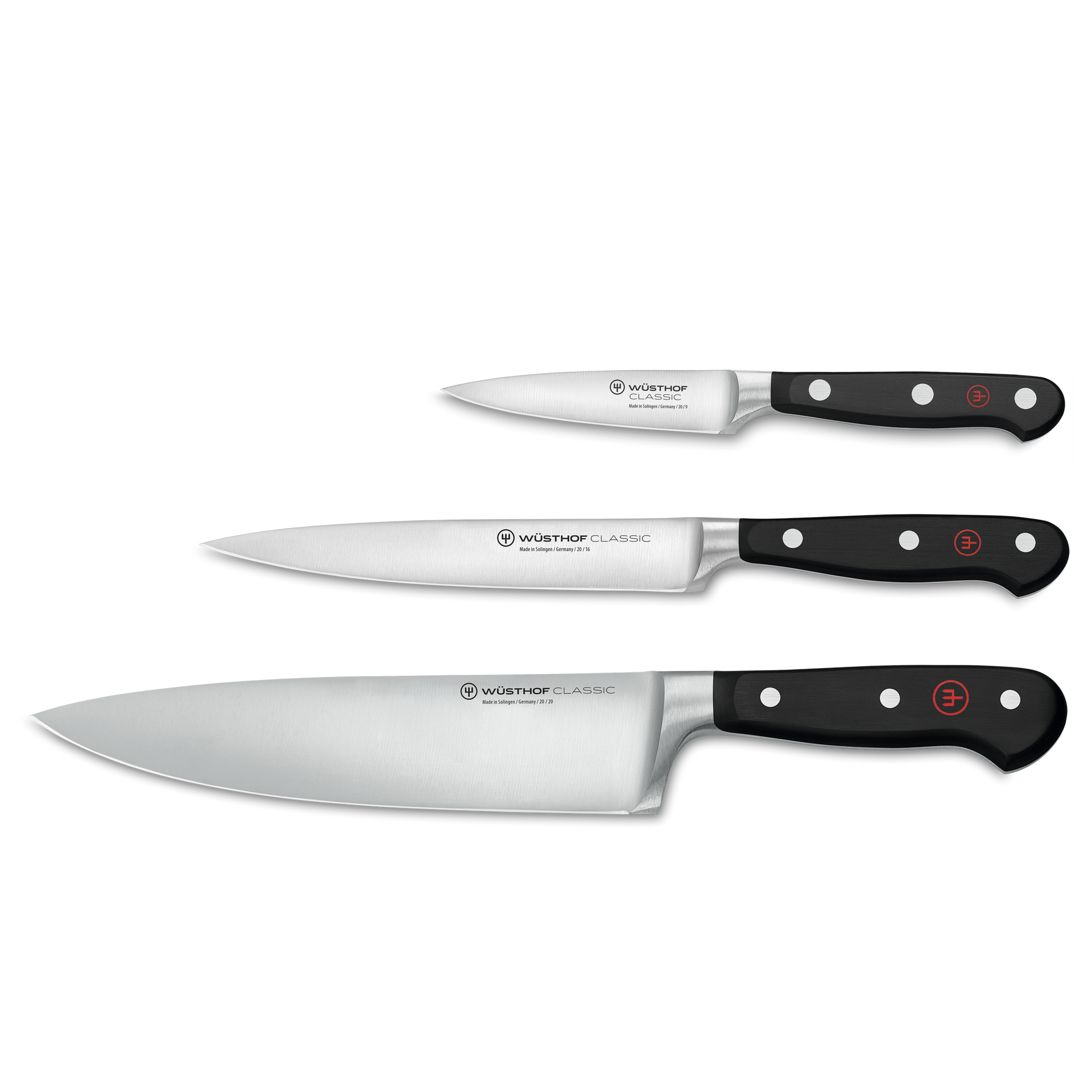 Classic 3-Piece Chef's Knife Set featuring forged German steel blades with triple-riveted black handles for balanced grip and precise cutting performance.