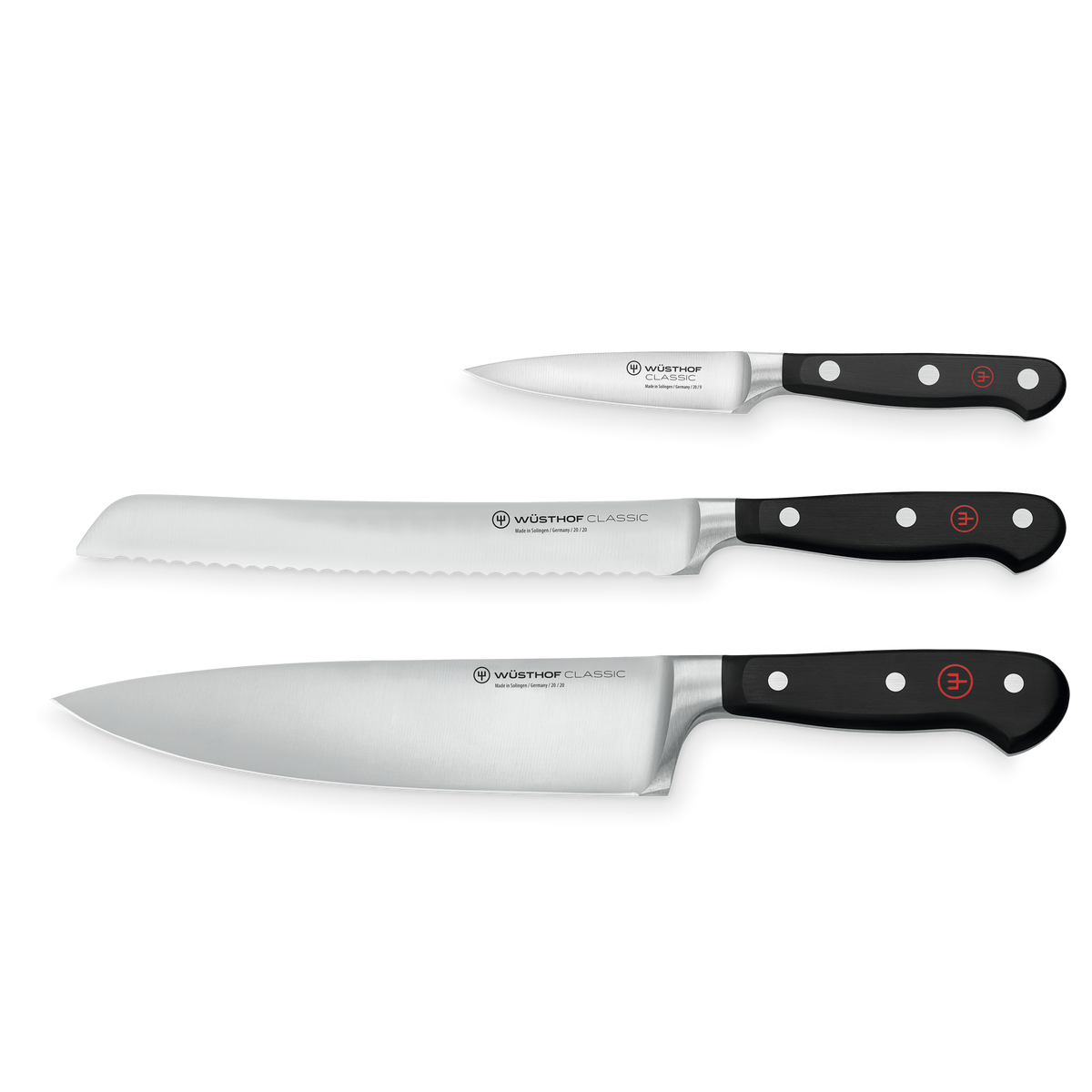 Classic 3-Piece Starter Set featuring forged German steel blades with triple-riveted black handles for balanced grip and professional kitchen use.